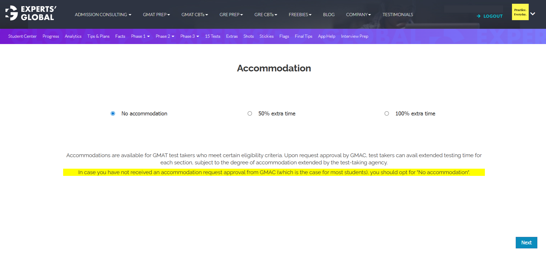 A screenshot of the Accomodations options available on Experts' Global's GMAT platform