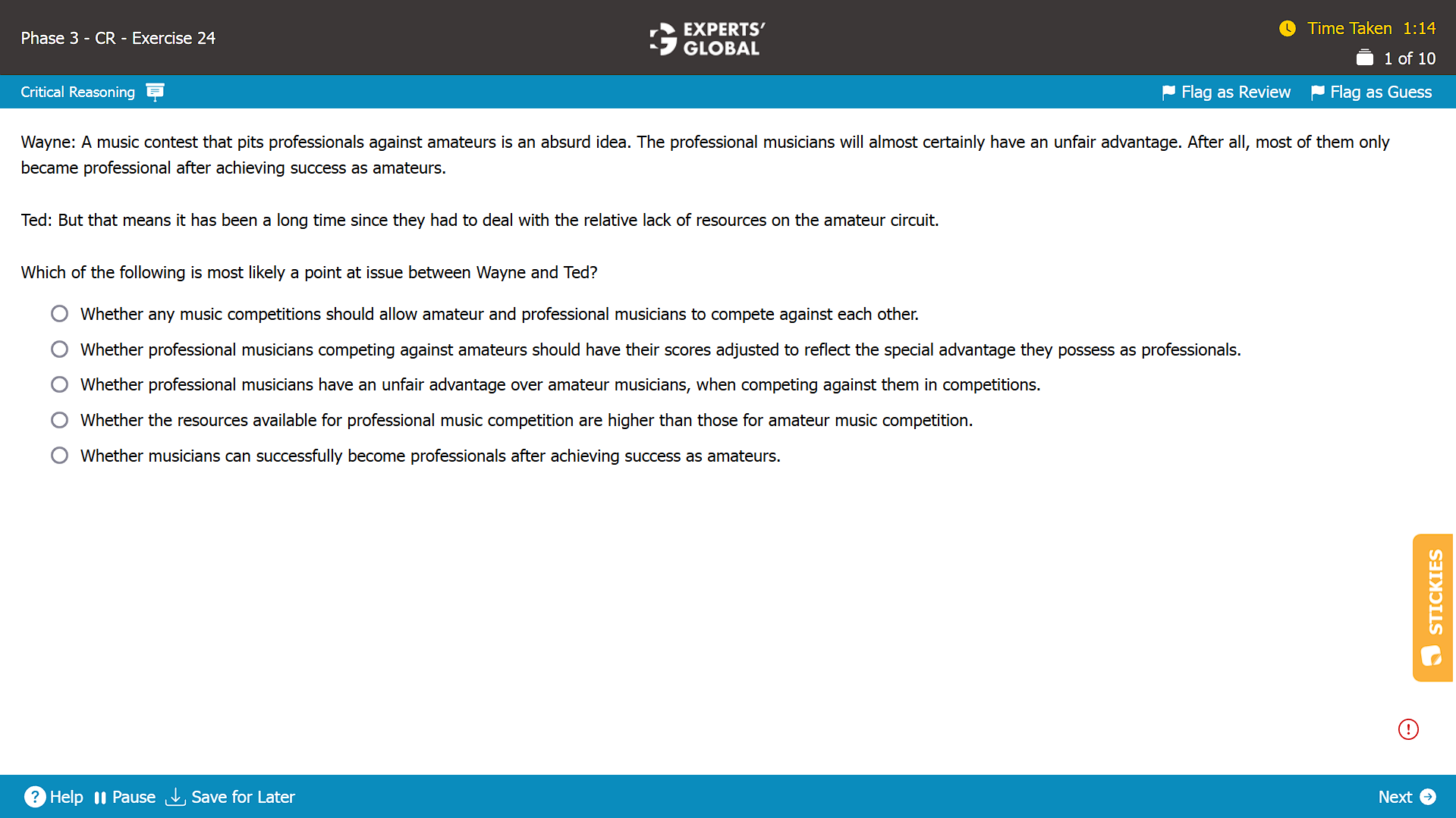 A screenshot of a Critical Reasoning question on the GMAT taken from the Experts' Global GMAT platform