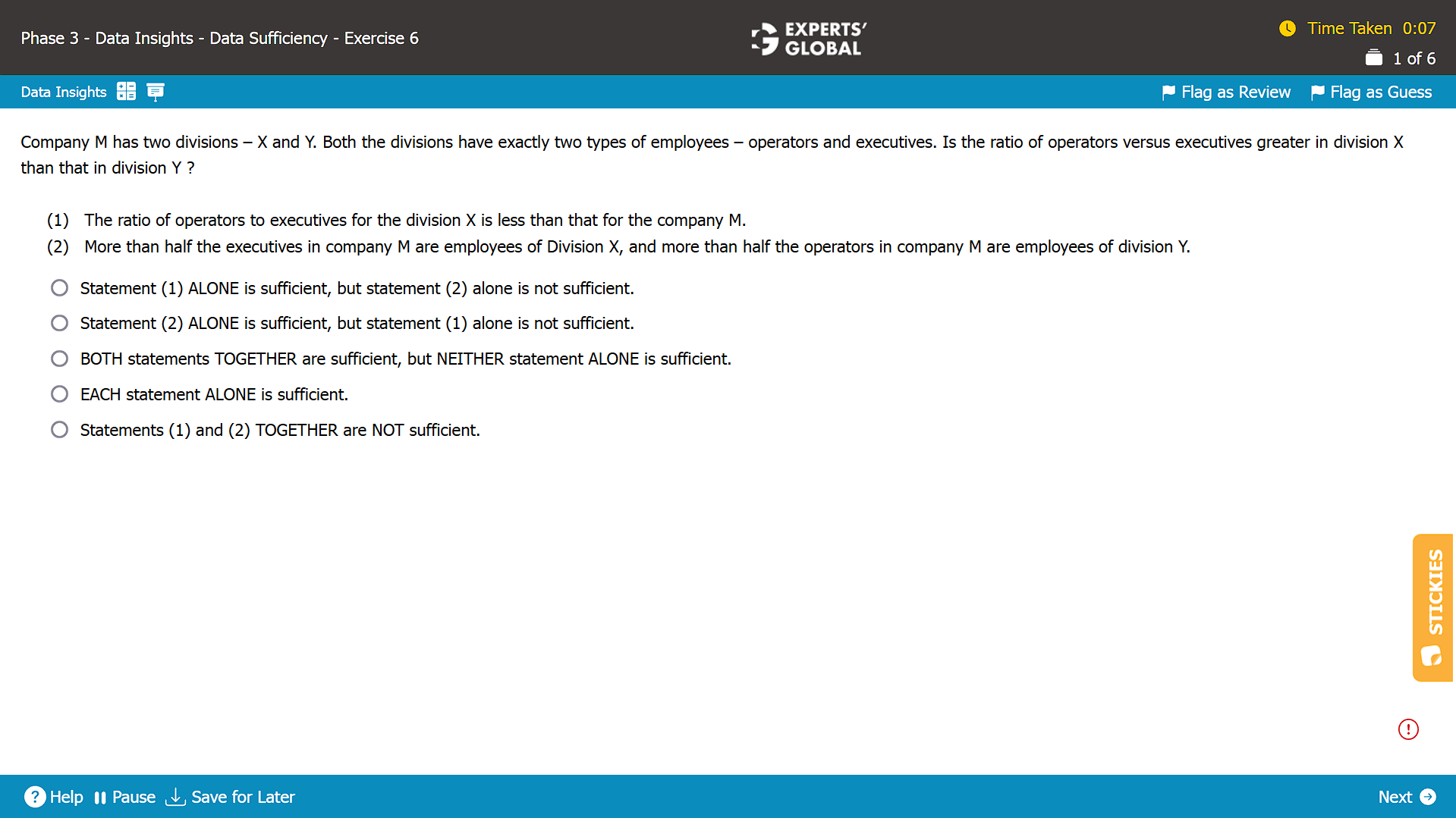 A screenshot of a Data Sufficiency question on the GMAT taken from the Experts' Global GMAT platform