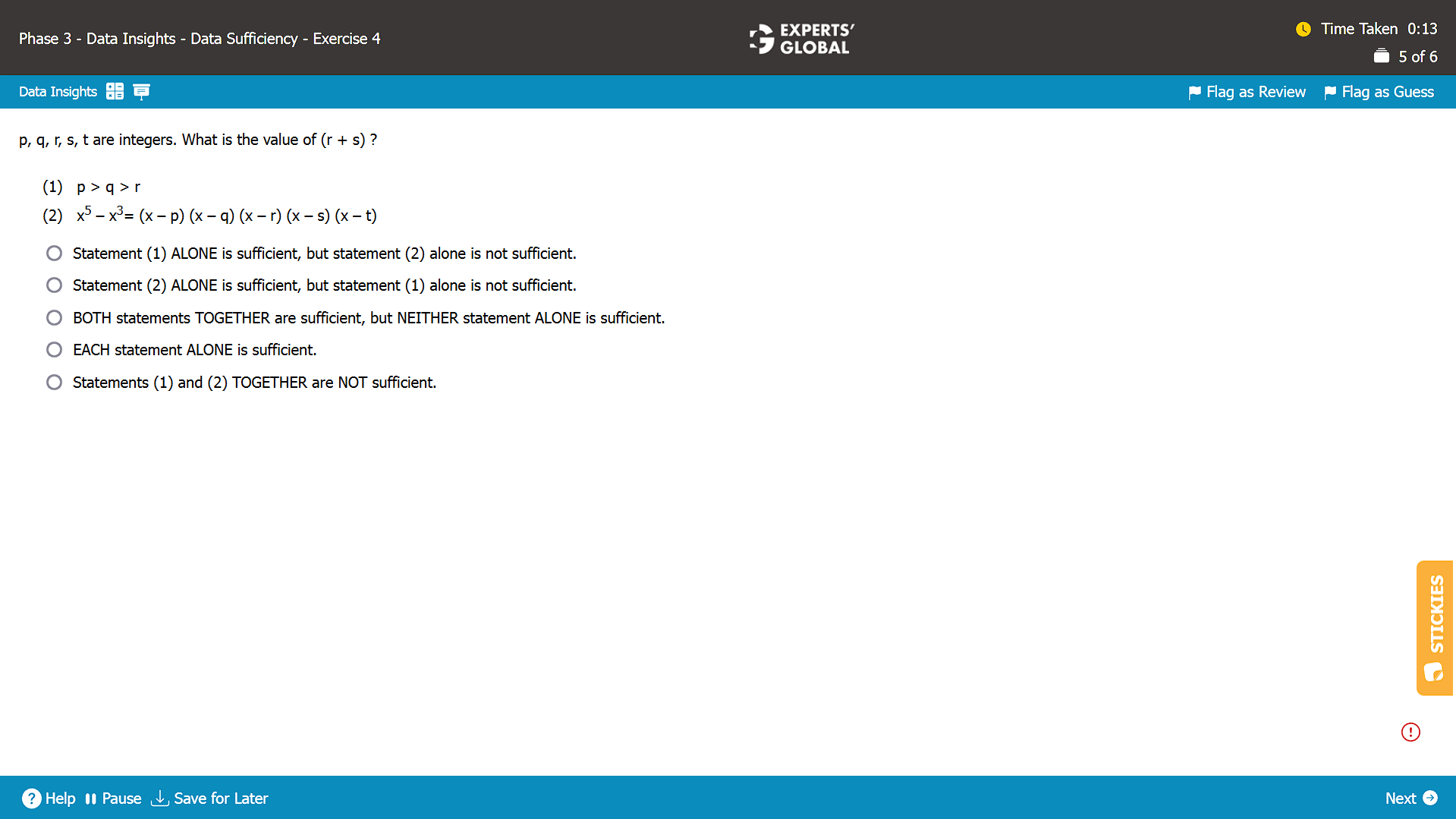 A screenshot of a Data Sufficiency question on the GMAT taken from the Experts' Global GMAT platform