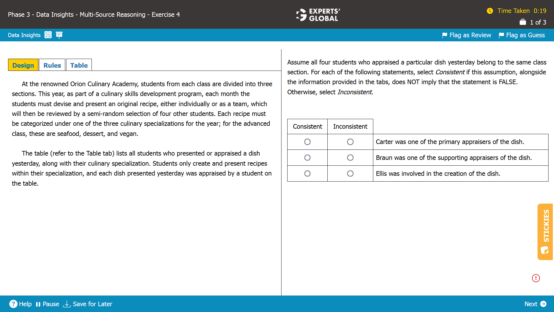 A screenshot of a Multi-Source Reasoning question, with first tab visible, on the GMAT taken from the Experts' Global GMAT platform