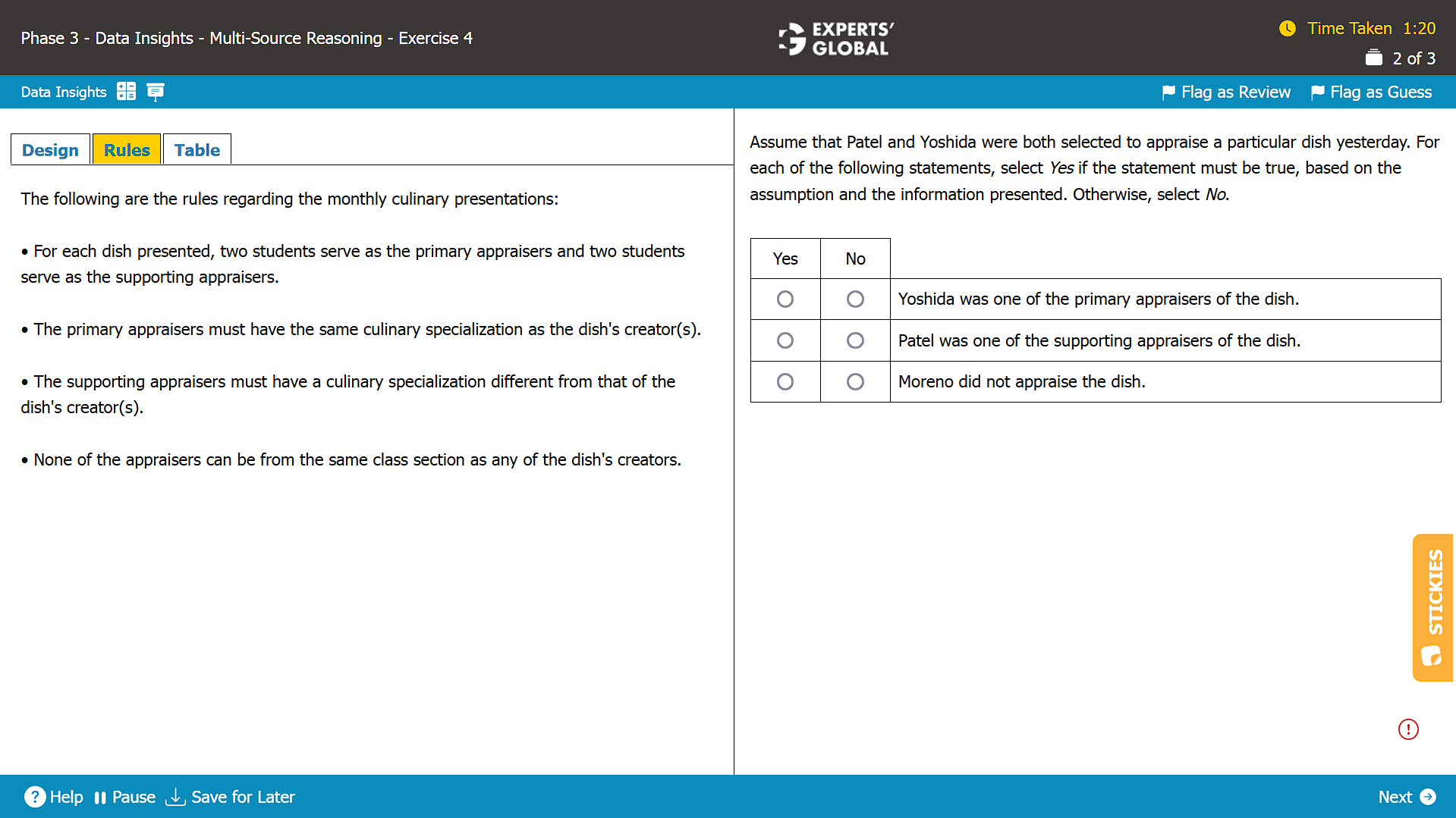 A screenshot of a Multi-Source Reasoning question, with second tab visible, on the GMAT taken from the Experts' Global GMAT platform
