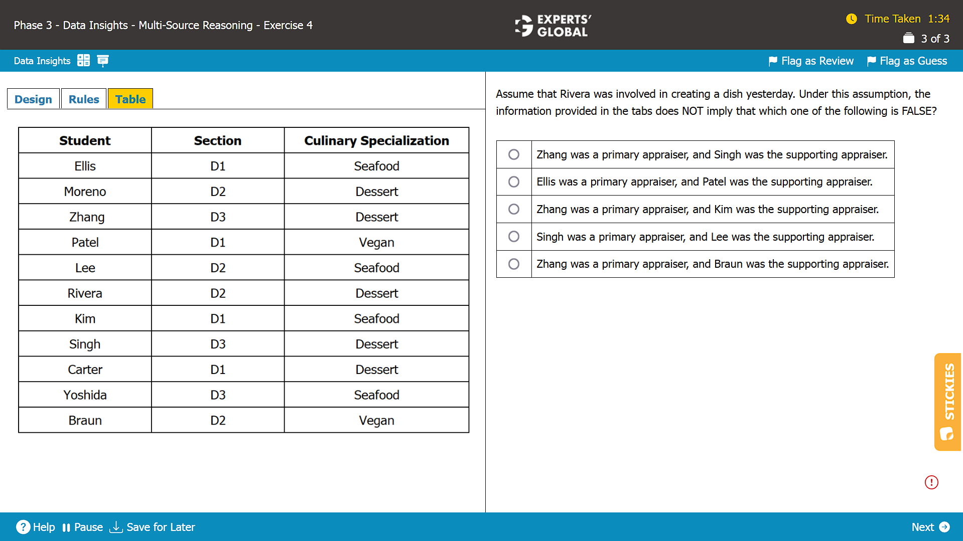 A screenshot of a Multi-Source Reasoning question on the GMAT taken from the Experts' Global GMAT platform