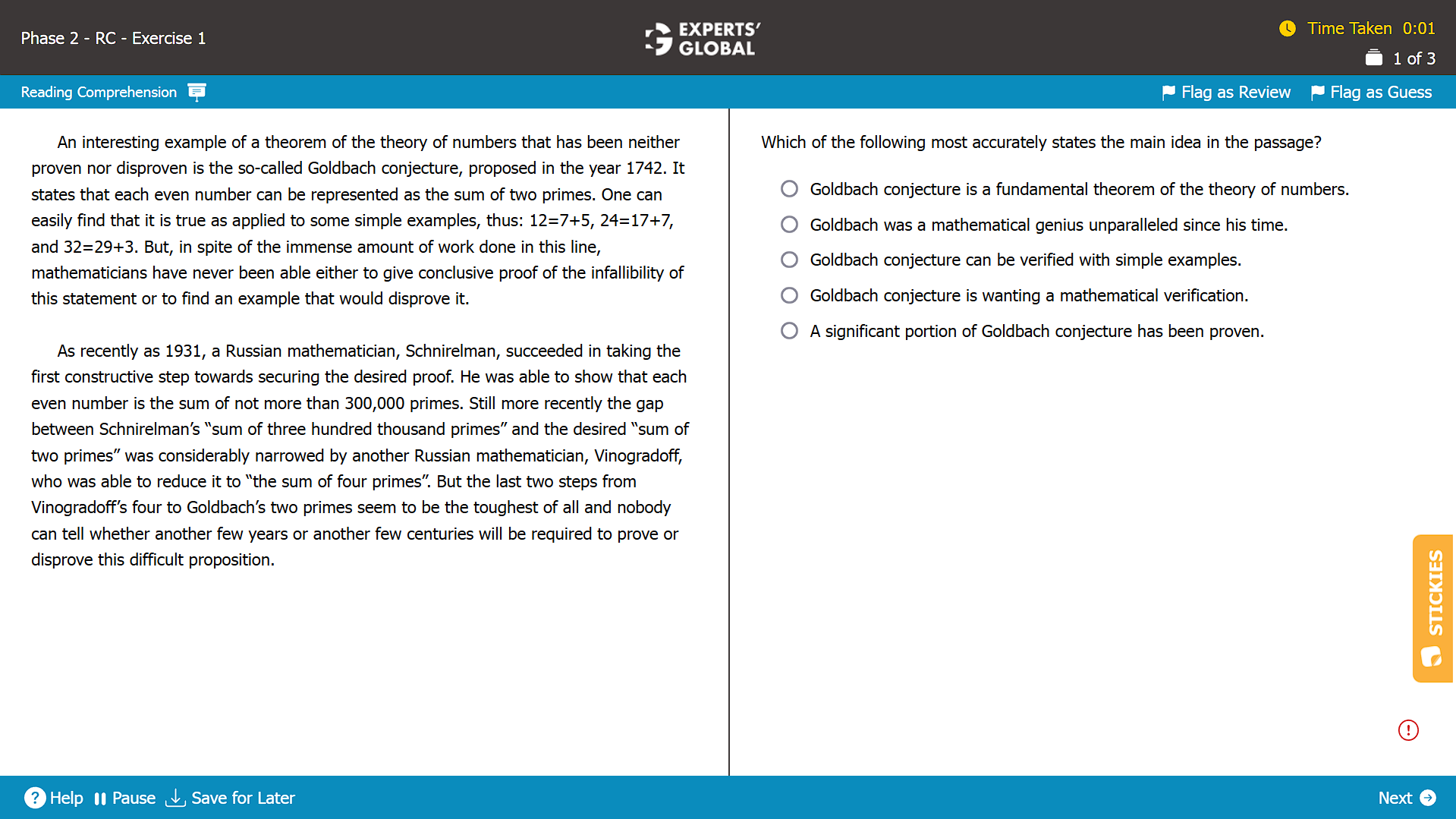 A screenshot of a Reading Comprehension question on the GMAT taken from the Experts' Global GMAT platform
