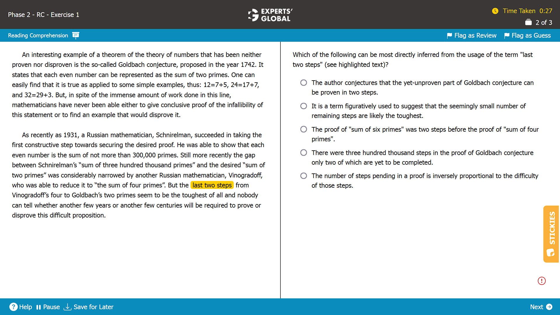 A screenshot of a Reading Comprehension question on the GMAT taken from the Experts' Global GMAT platform