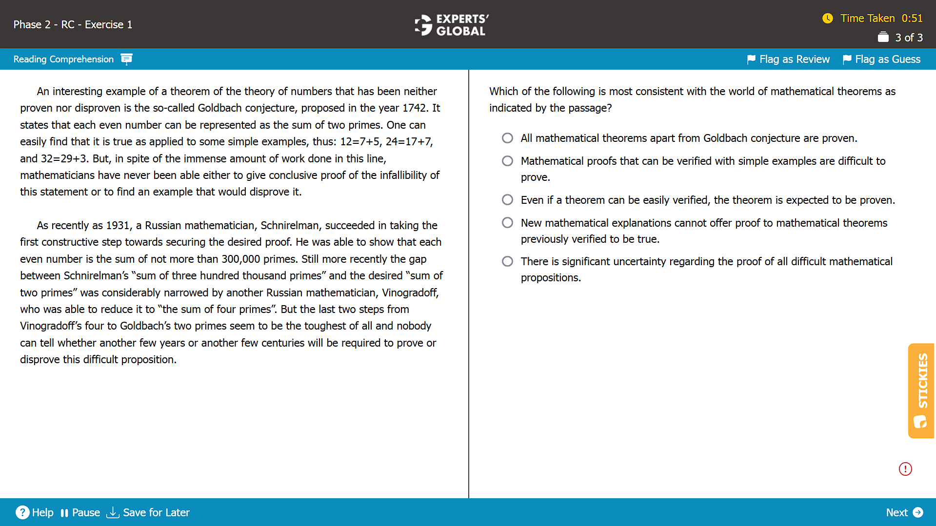 A screenshot of a Reading Comprehension question on the GMAT taken from the Experts' Global GMAT platform
