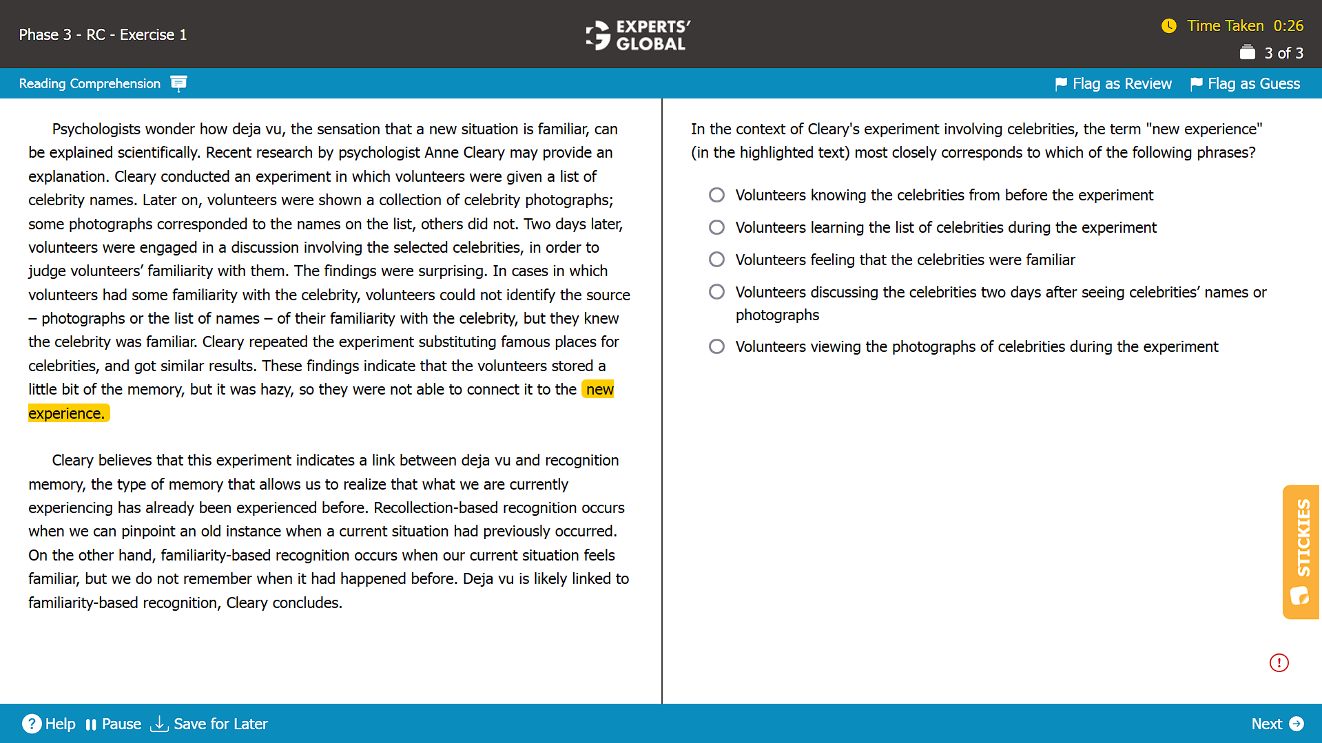 A screenshot of a Reading Comprehension question on the GMAT taken from the Experts' Global GMAT platform