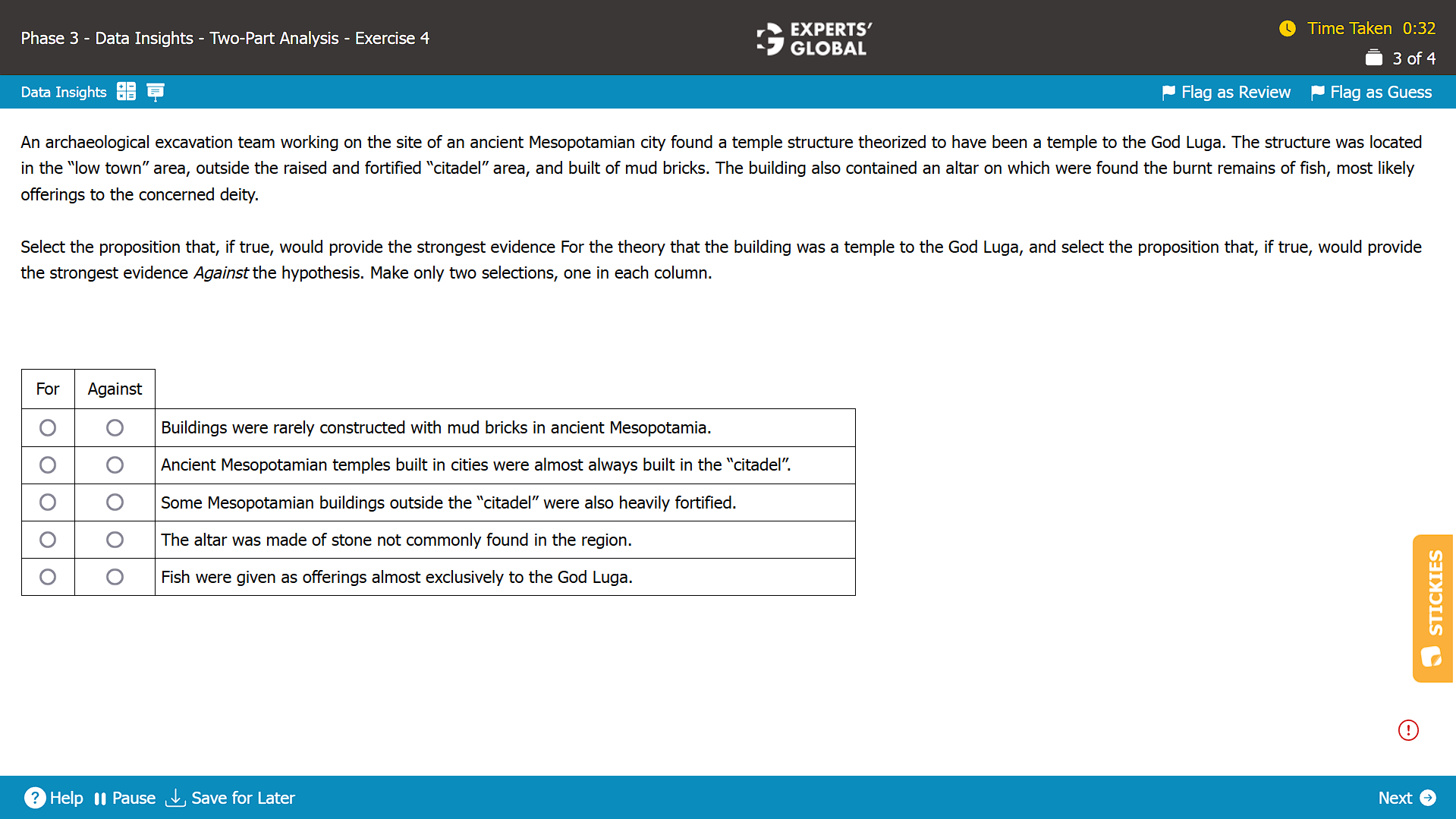 A screenshot of a Two-Part Analysis question on the GMAT taken from the Experts' Global GMAT platform