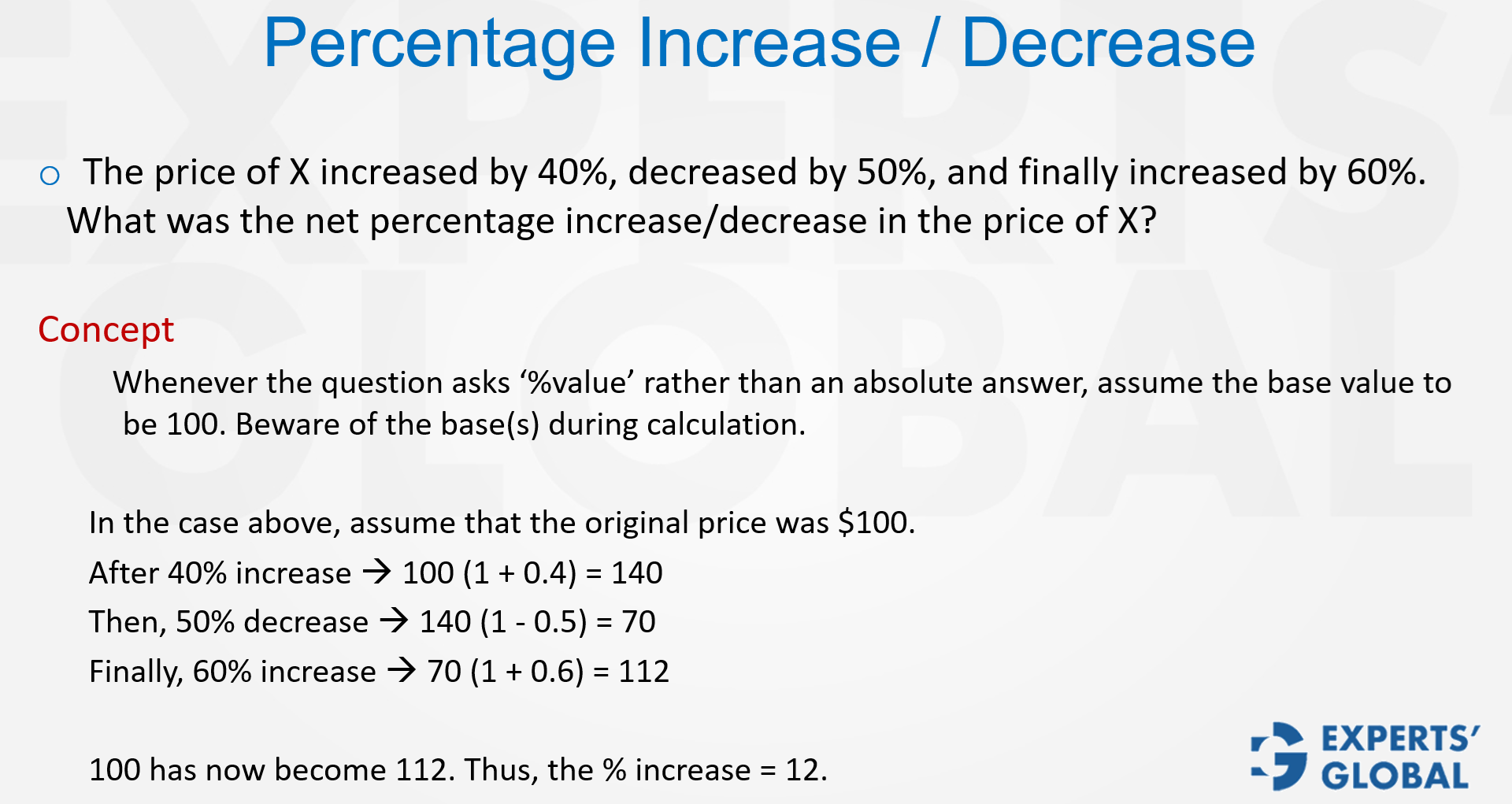 In Percentage Change Questions on GMAT, Take Base as 100 concept