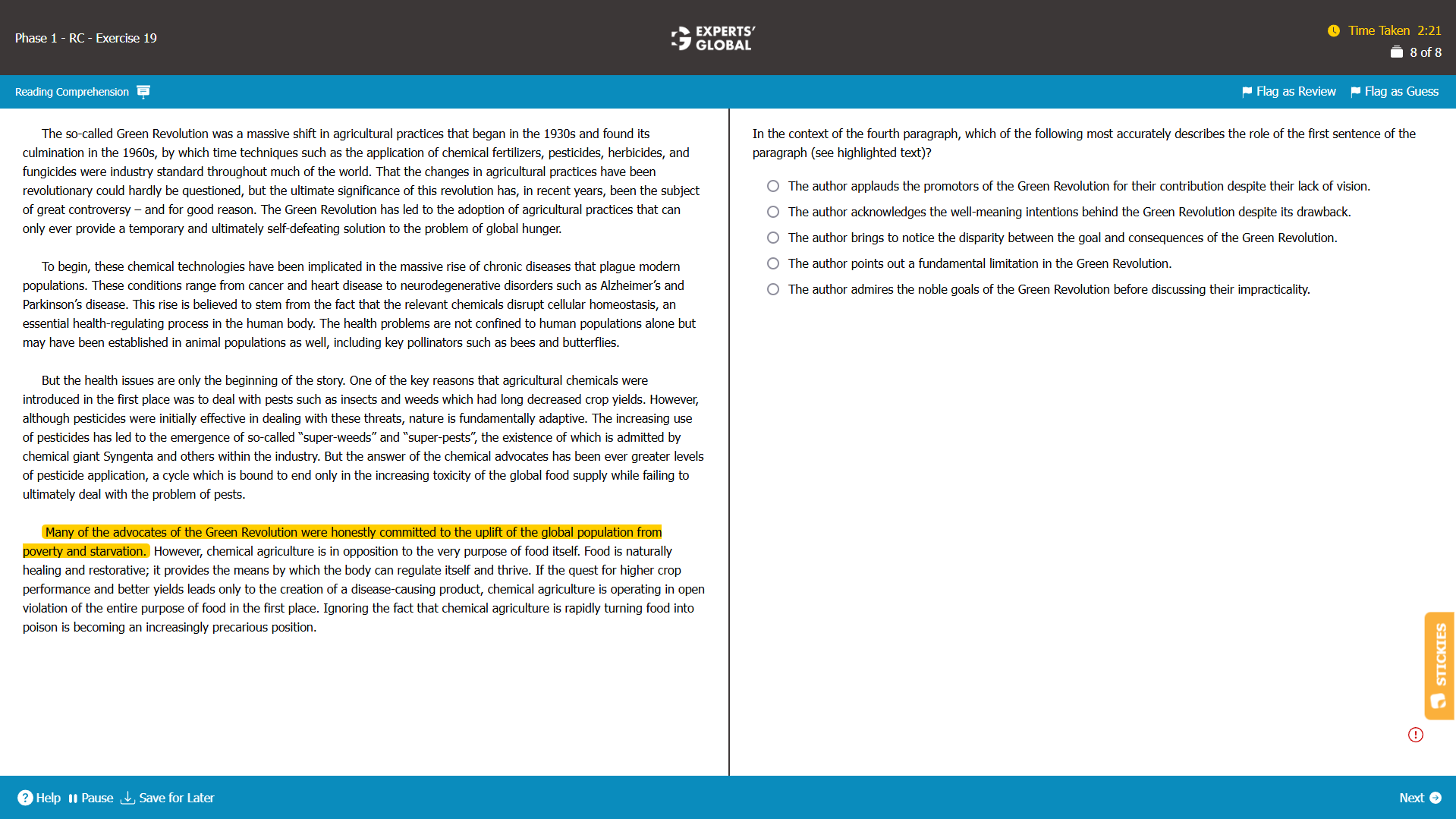GMAT RC: Role of the Highlighted Text Sample Question