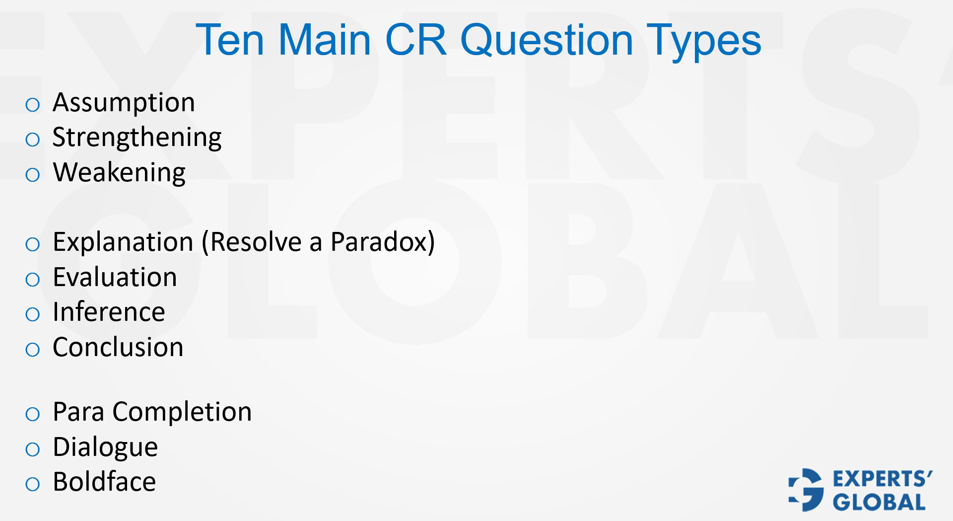 Ten Main CR question types on GMAT