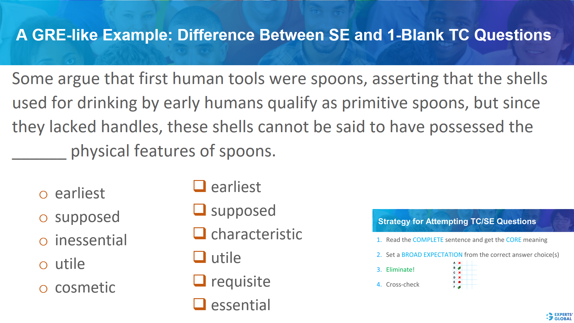 A GRE like example: Difference between GRE SE and 1 blank GRE TC questions