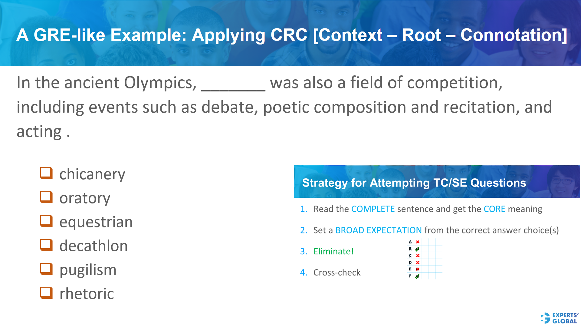 A GRE SE-like example: Applying CRC [Context-Root-Connotation]