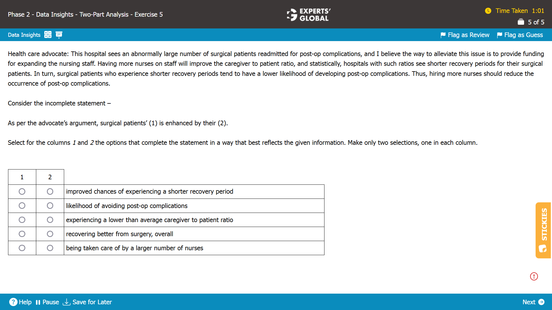 GMAT-style Two-Part Analysis Question 2