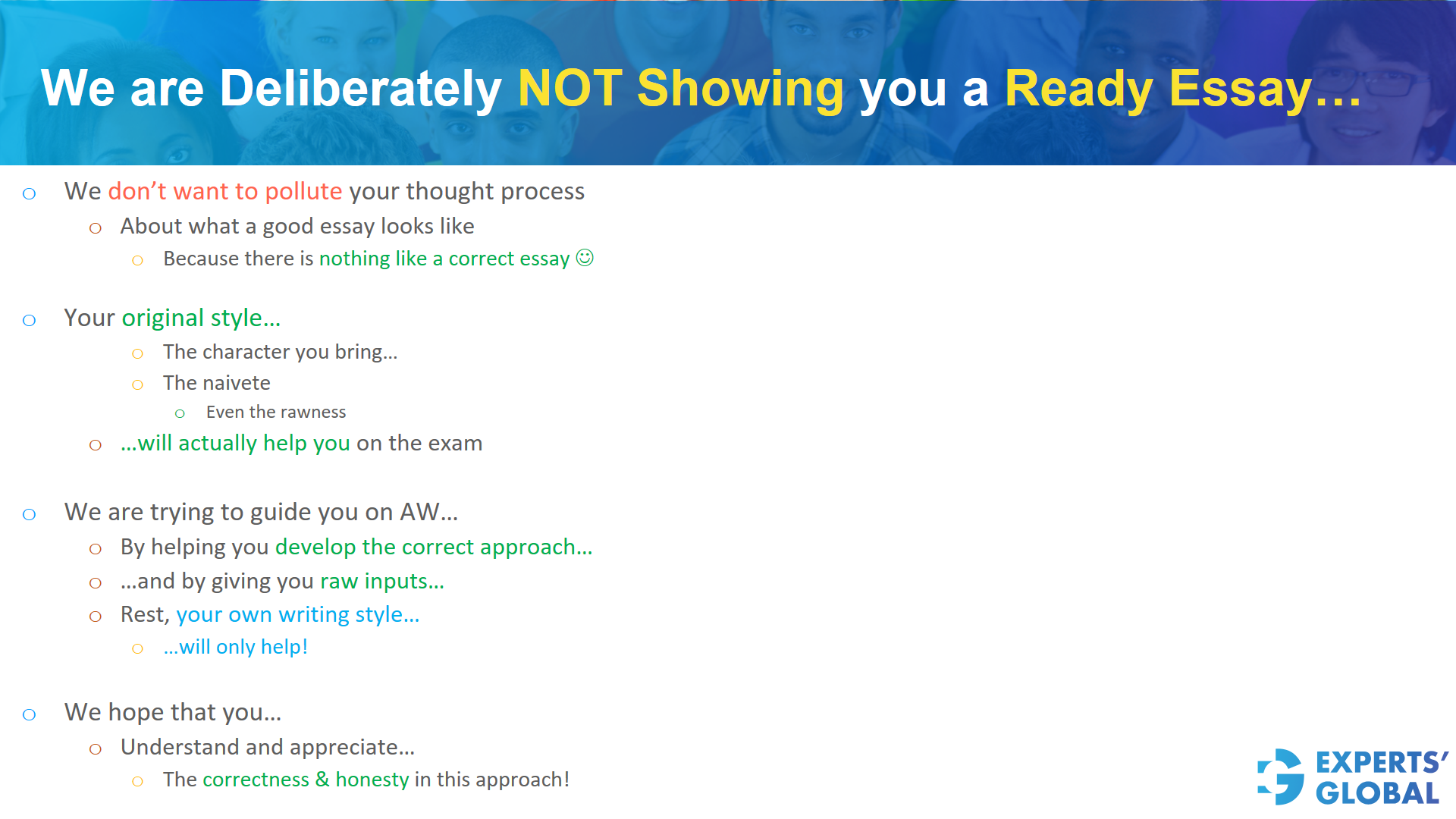 We are deliberately not showing you a GRE AW ready essay