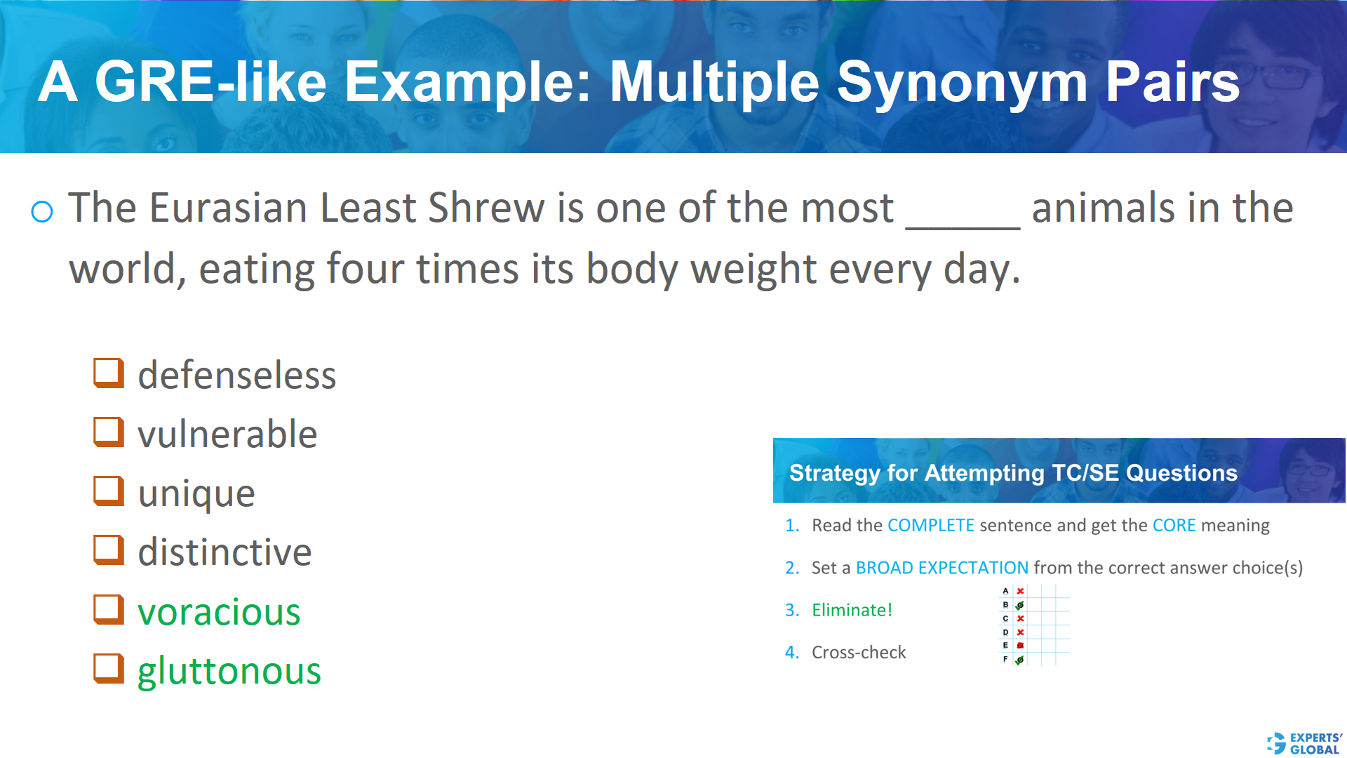 A GRE SE-like example: Multiple synonym pairs