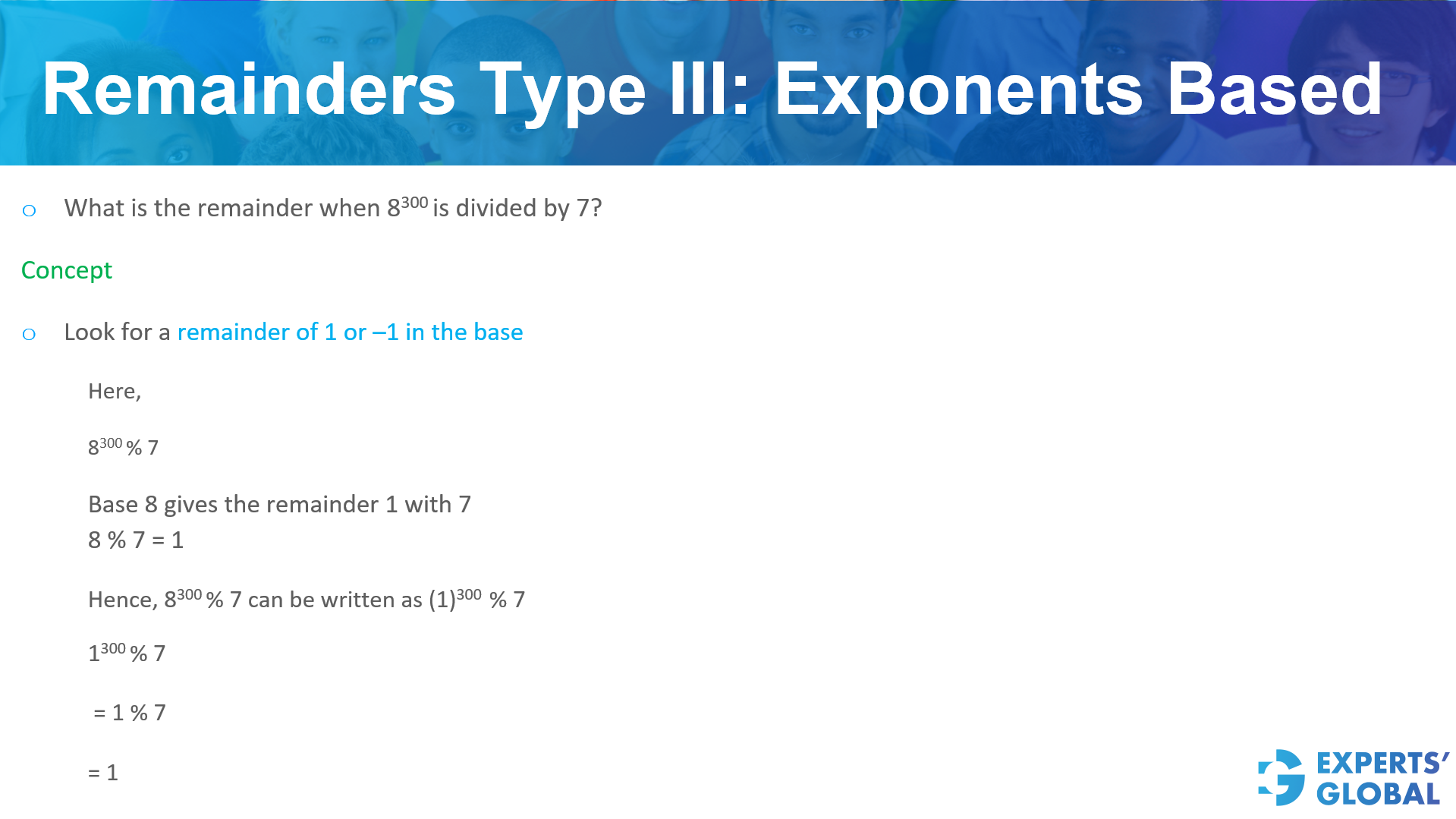 Remainders type III: Exponents based on GRE Quants