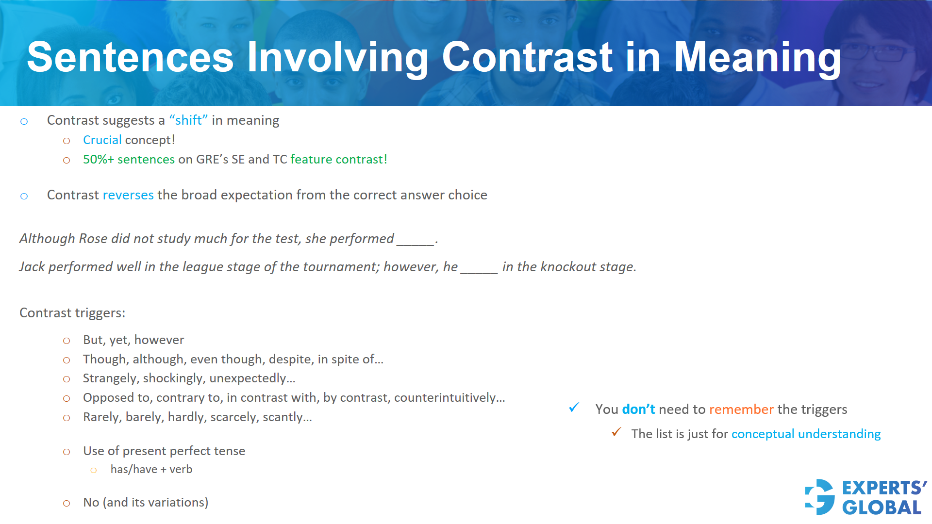 Sentences involving contrast in meaning on GRE SE