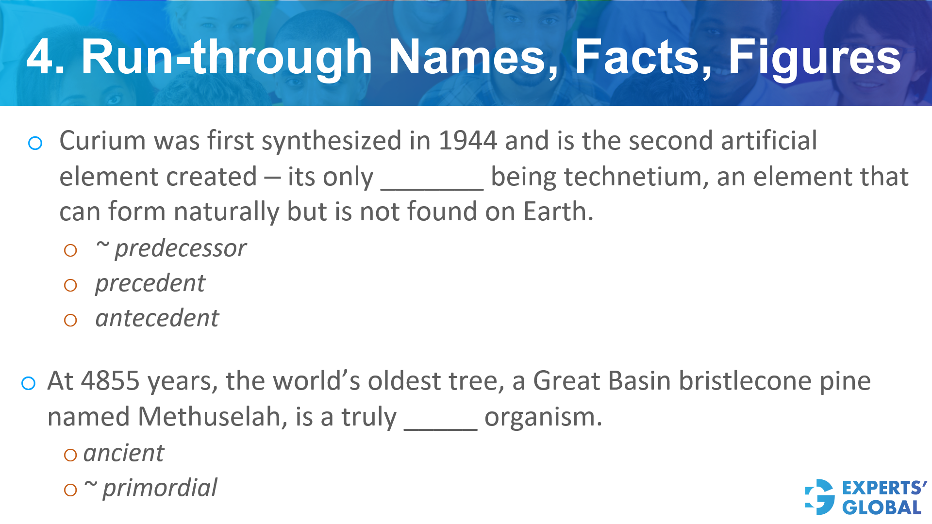 run – through names, facts, figures