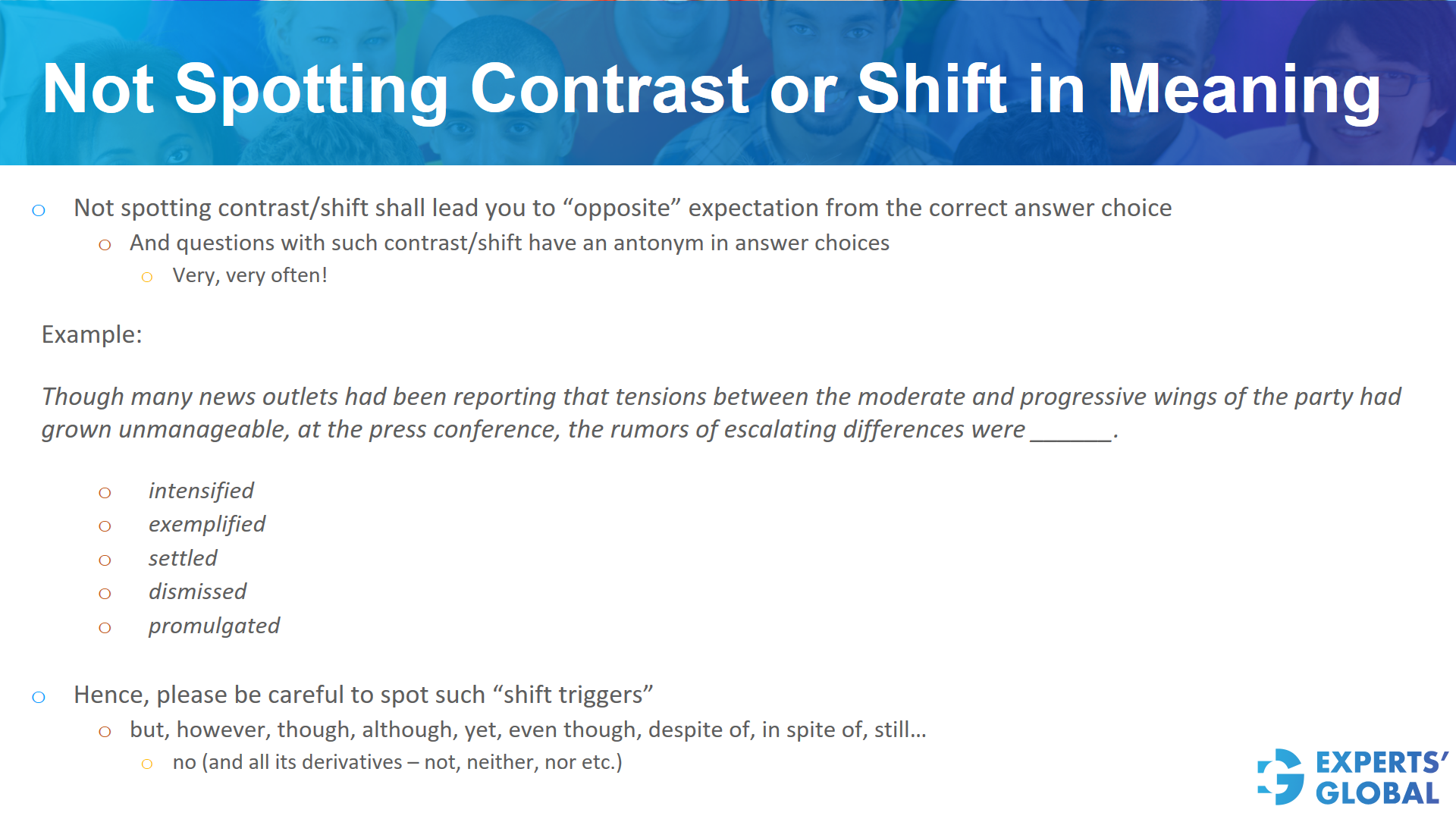 Not spotting contrast or shift in meaning in GRE