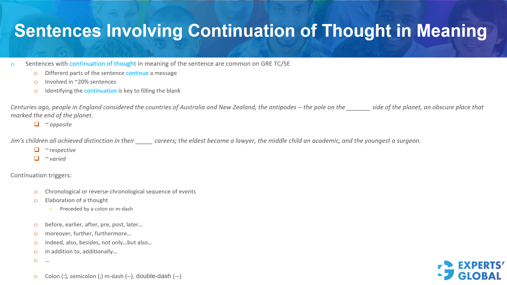 Sentences involving continuation of thought in meaning on GRE SE