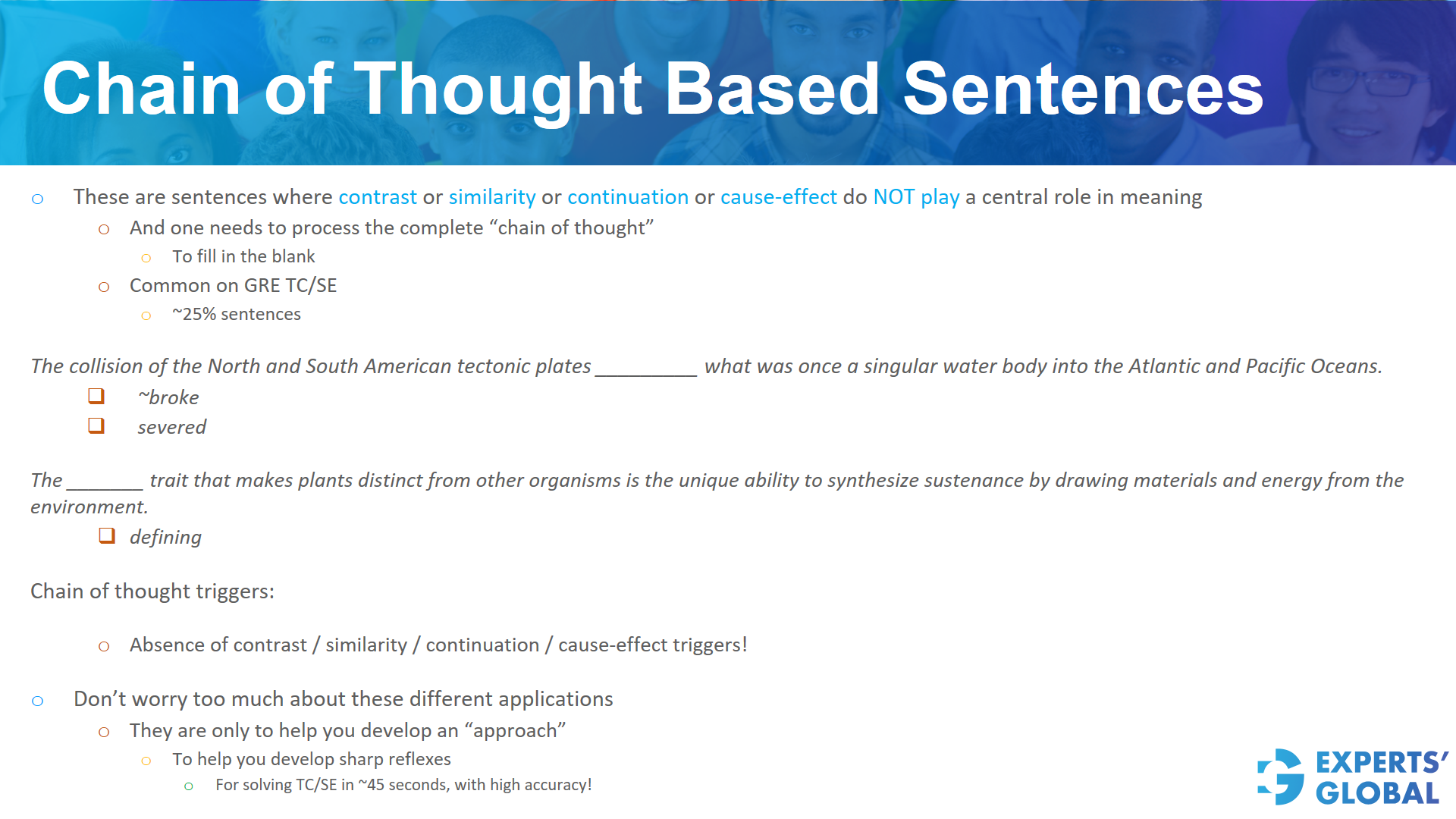 Chain of thought based sentences on GRE SE