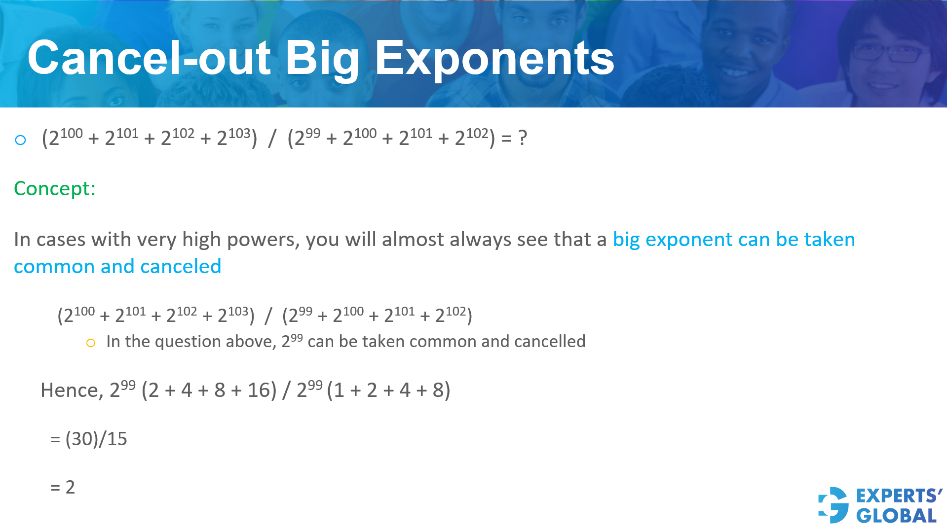 Cancel-out big exponents on GRE Quant