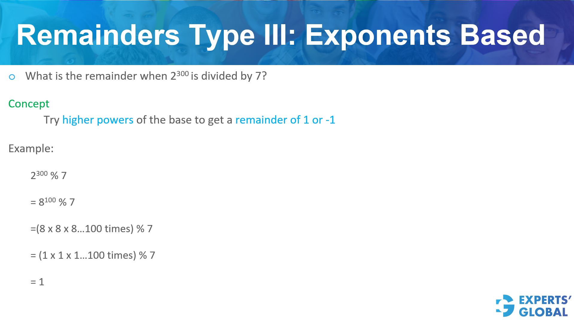 Remainders type III: Exponents based on GRE Quants