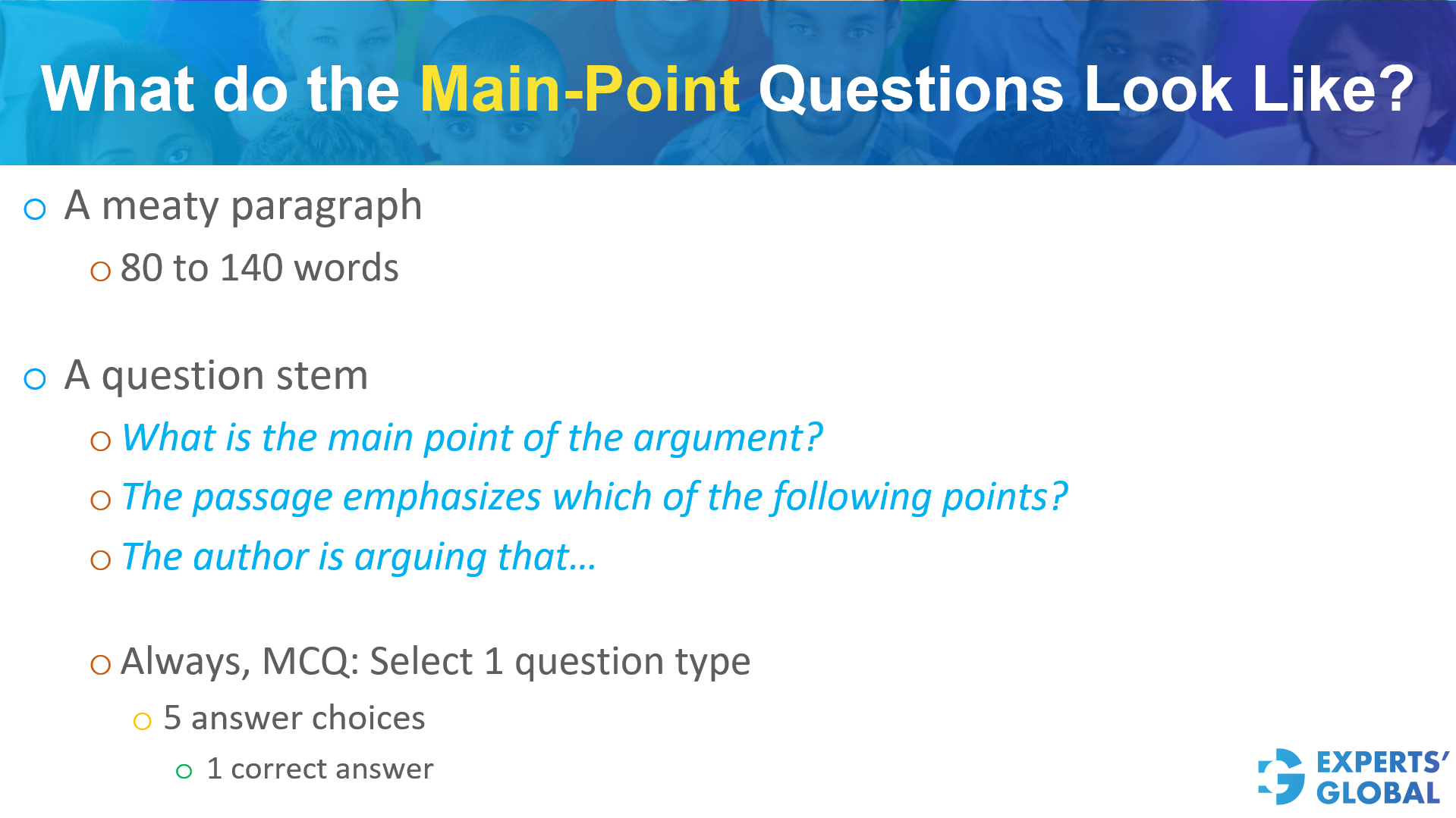 What do the main-point questions look like 