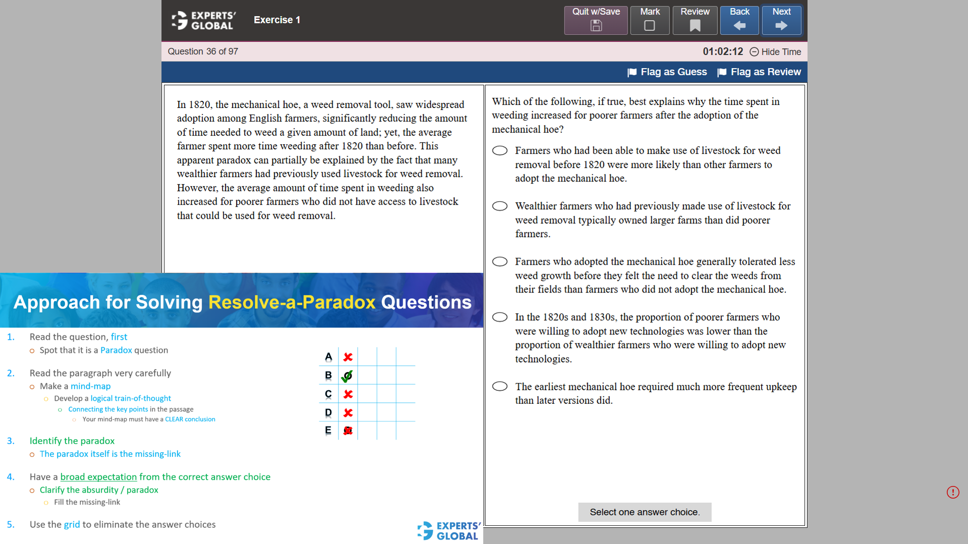 GRE-style resolve-the-paradox practice question with explanation