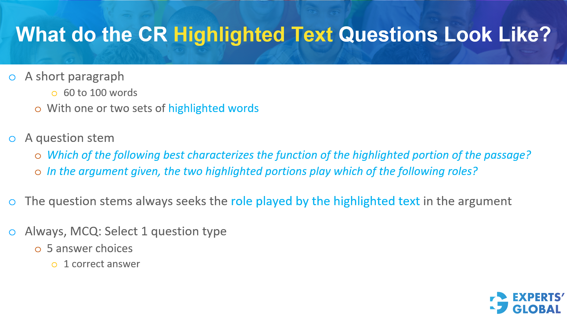 What do the CR Highlighted Text questions look like