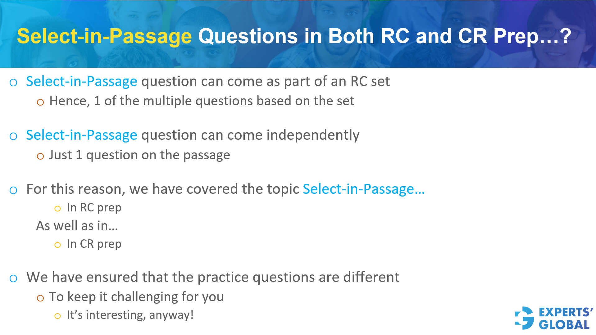Select-in-Passage questions in both RC and CR prep