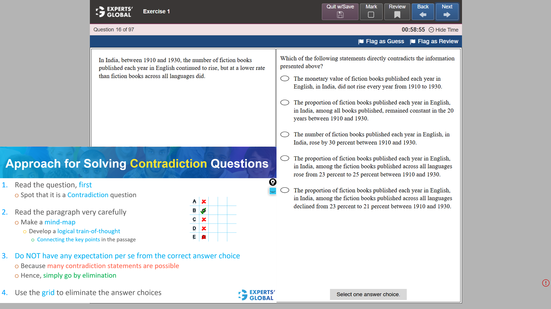 GRE-style Contradiction practice question with explanation