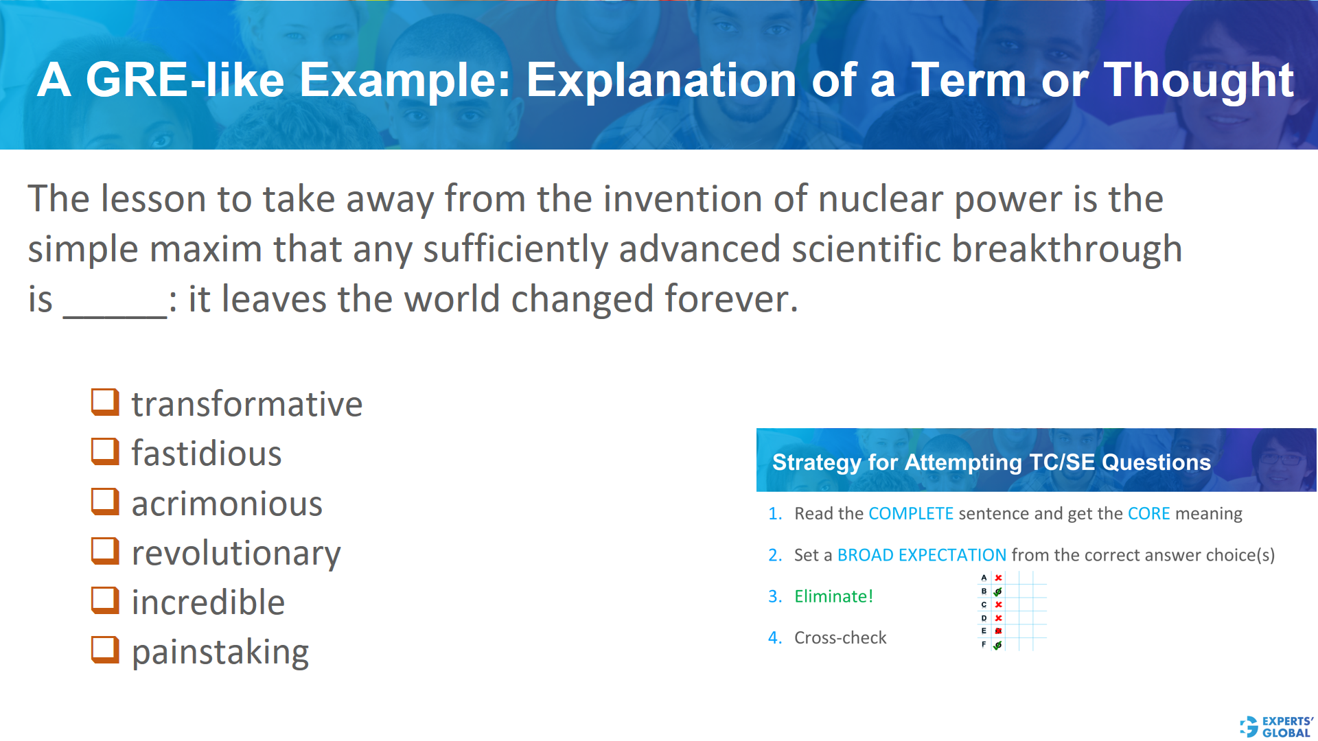 A GRE SE-like example: Explanation of a term or thought