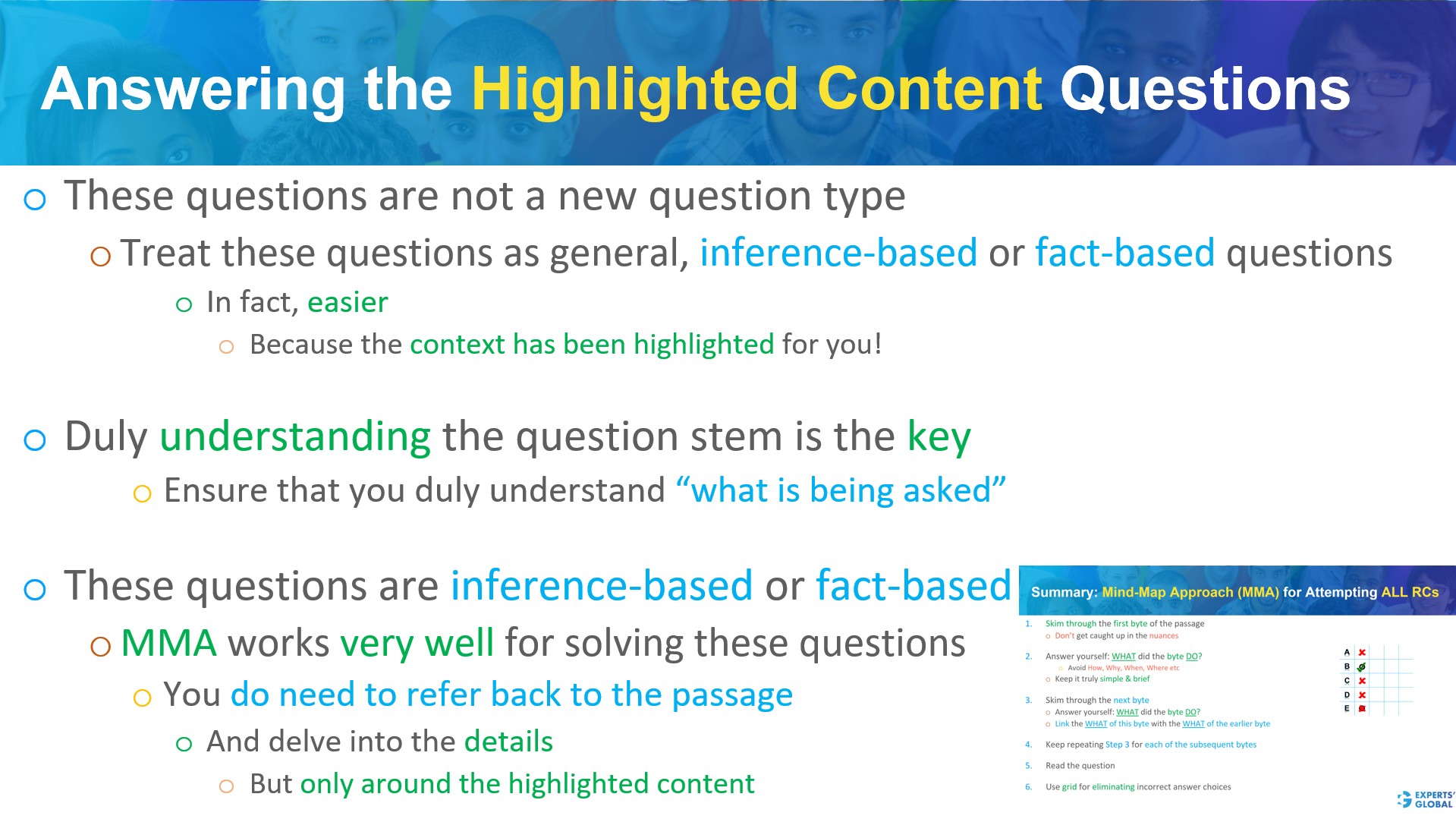 Answering the highlighted content questions on GRE RC