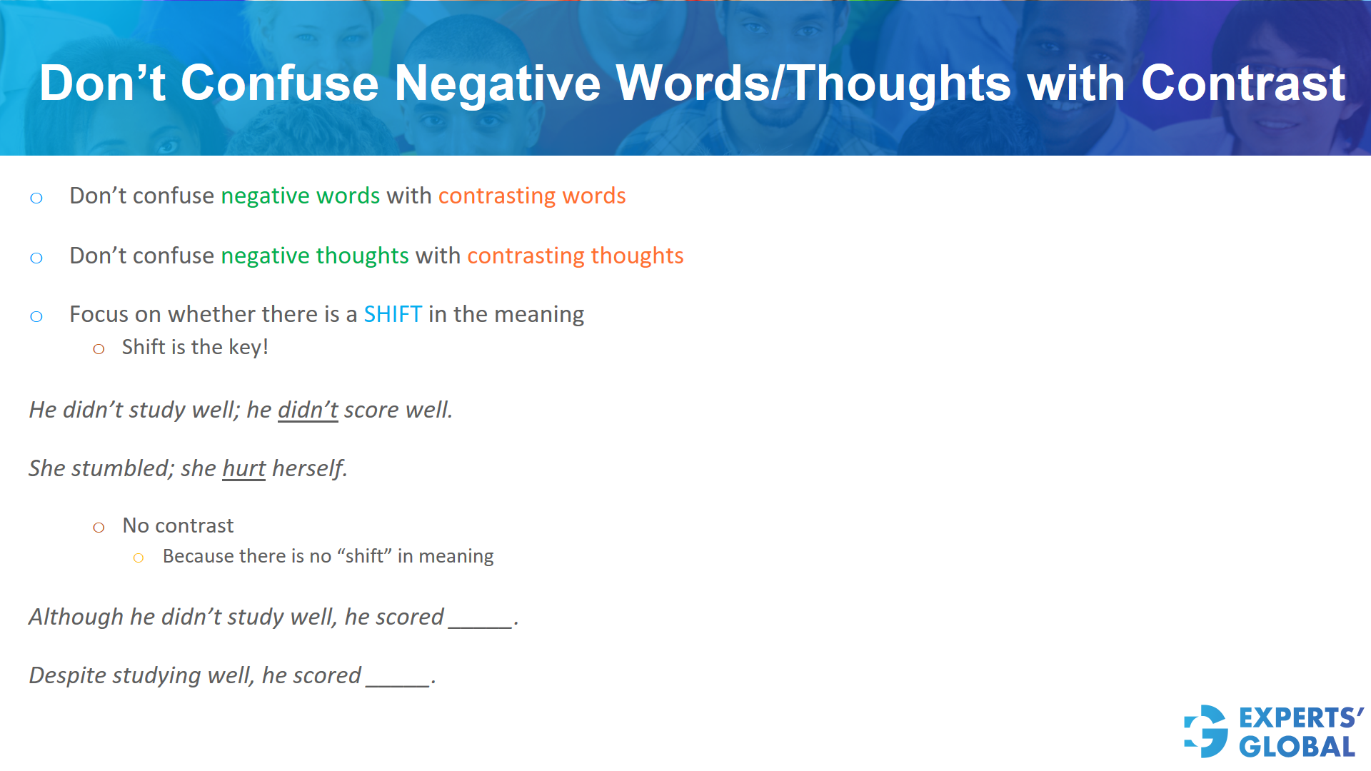 Don’t confuse negative words/thoughts with contrast on GRE SE