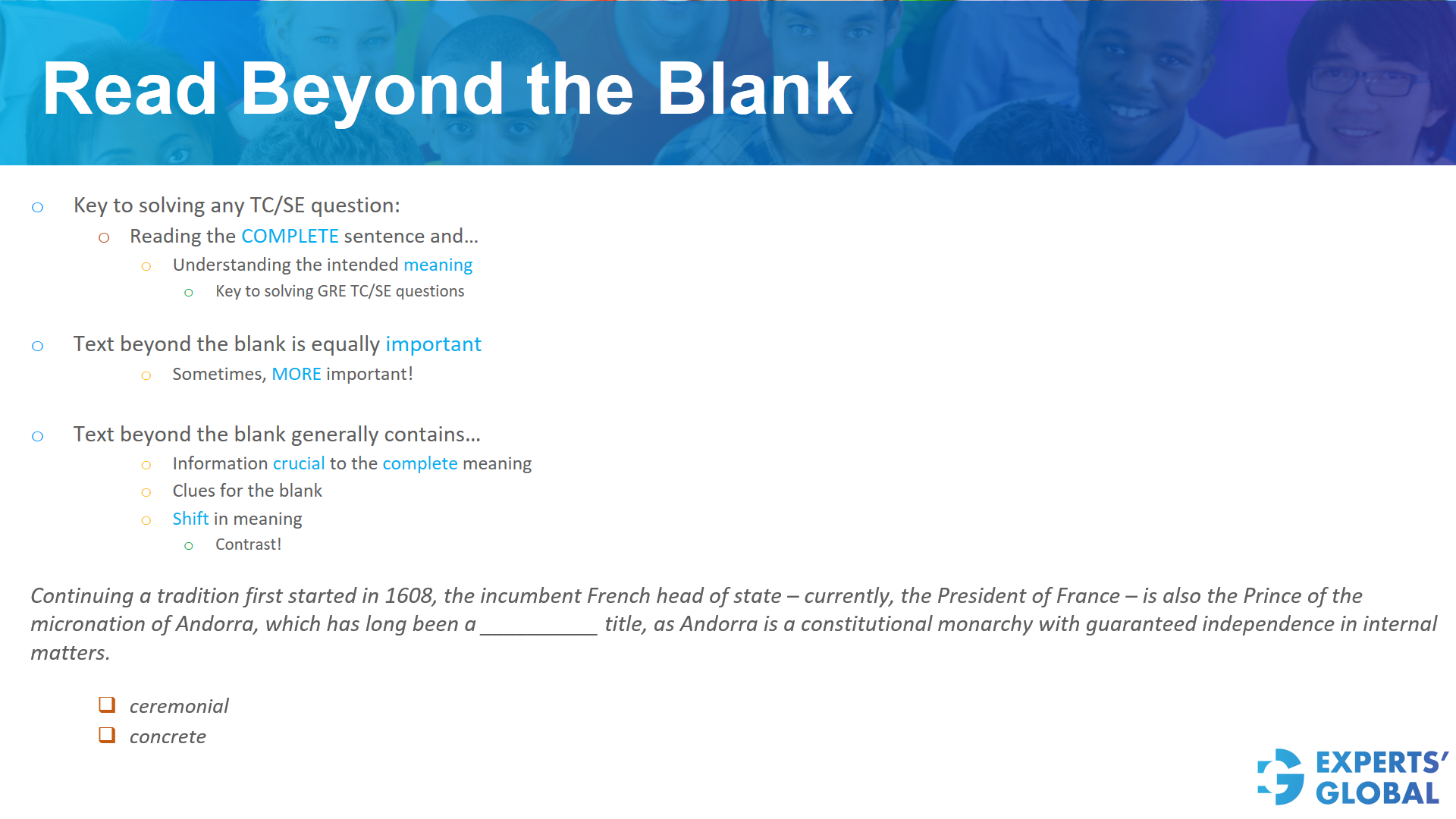 Read beyond the blank on GRE SE