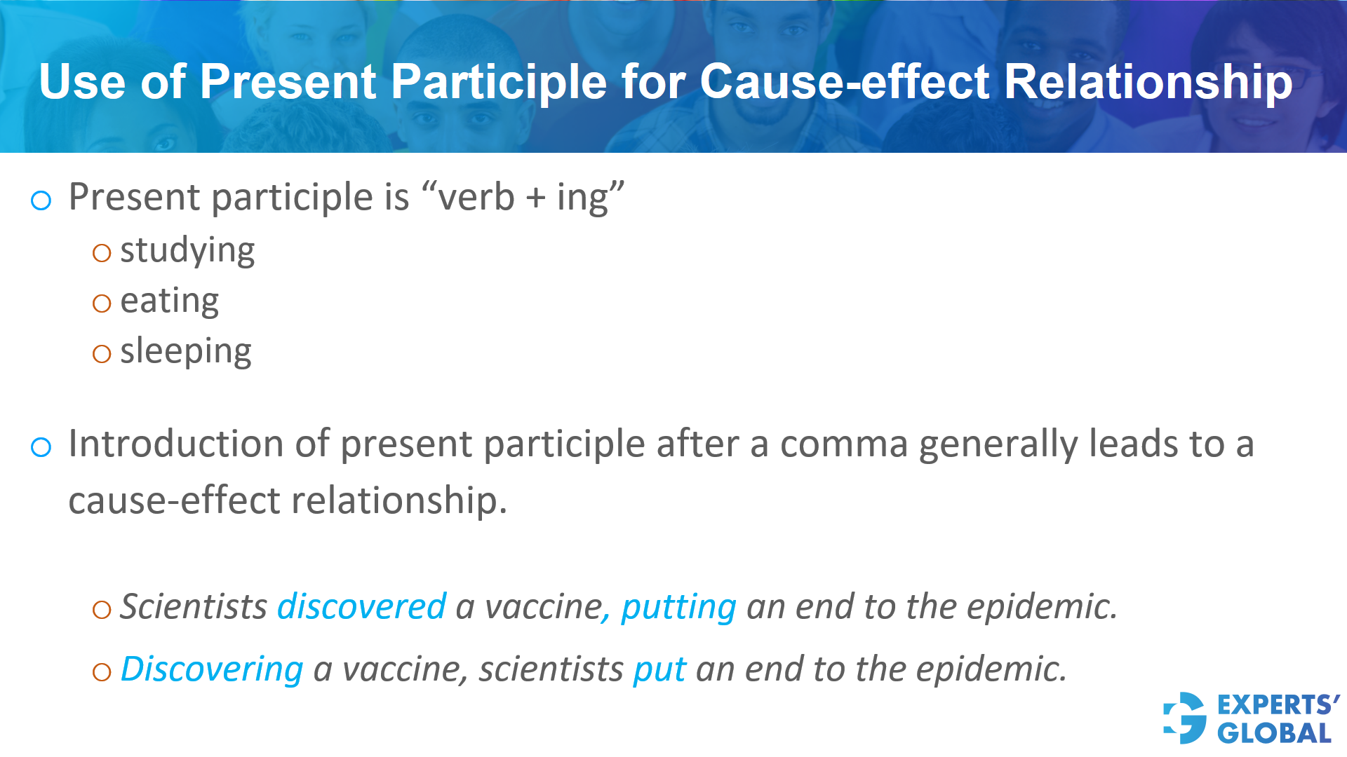 Use of present participle for cause-effect relationship on GRE SE