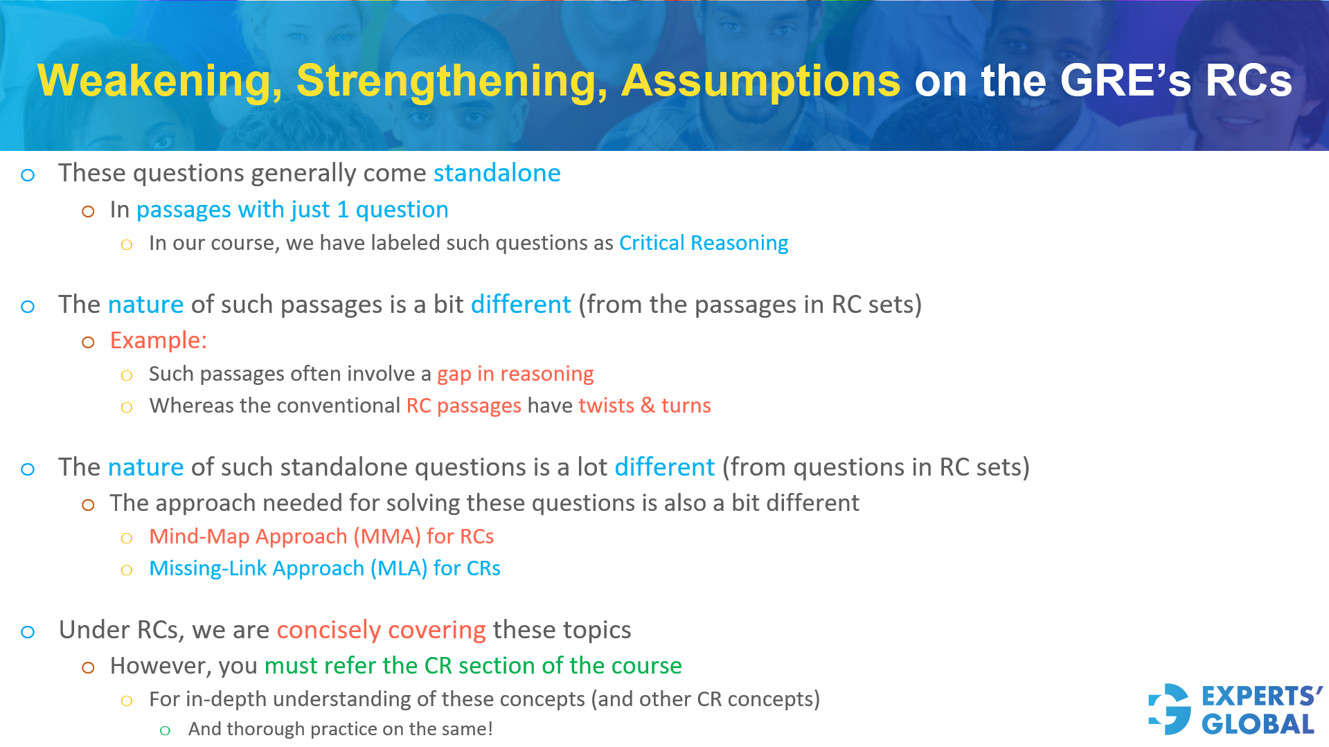 Weakening, Strengthening, Assumptions on the GRE’s RCs