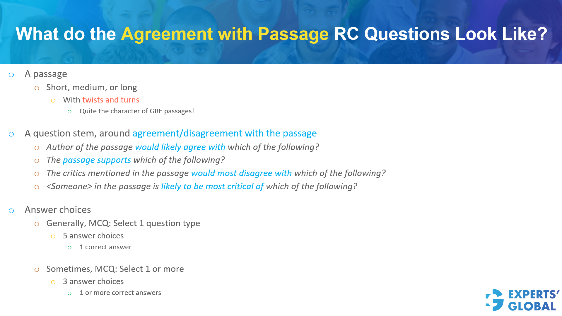 What do the agreement with passage GRE RC questions look like?