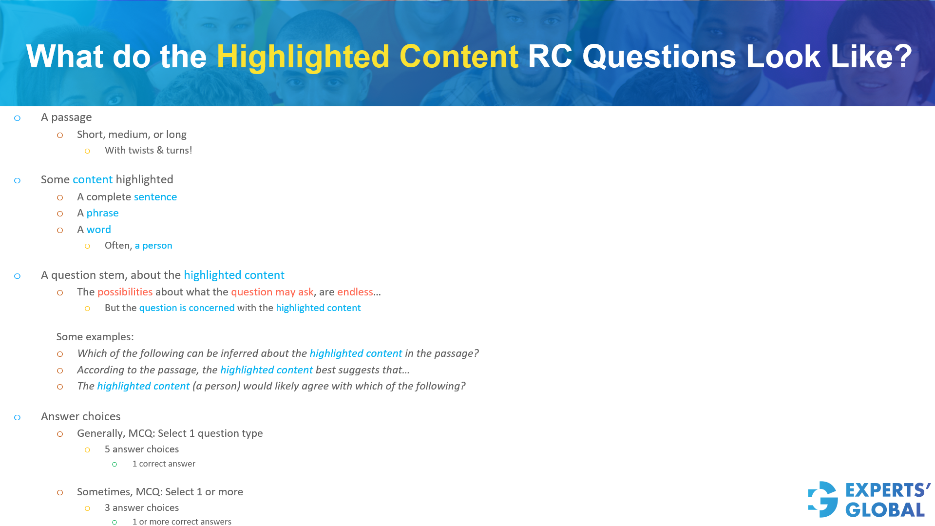 What do the highlighted content GRE RC questions look like?