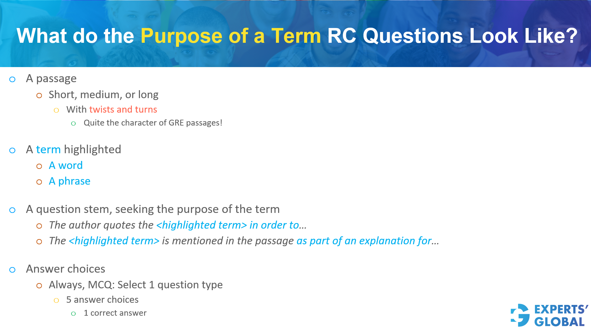 What do the purpose of a term GRE RC questions look like?