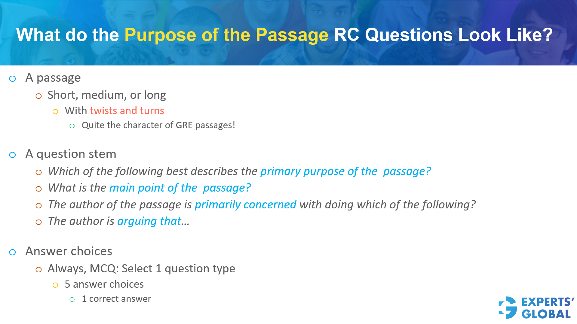 What do the purpose of the passage GRE RC questions look like?