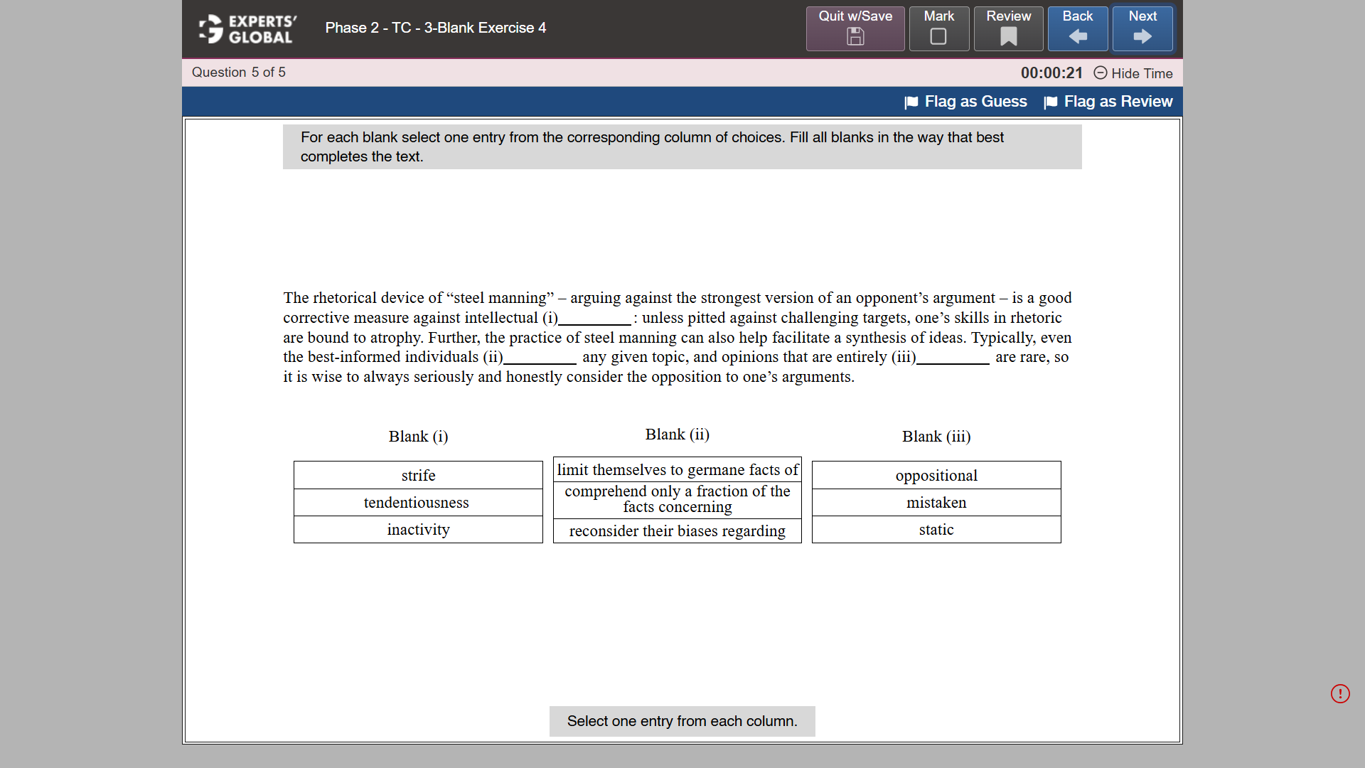 GRE-Style Text Completion 3-Blank Practice question 3