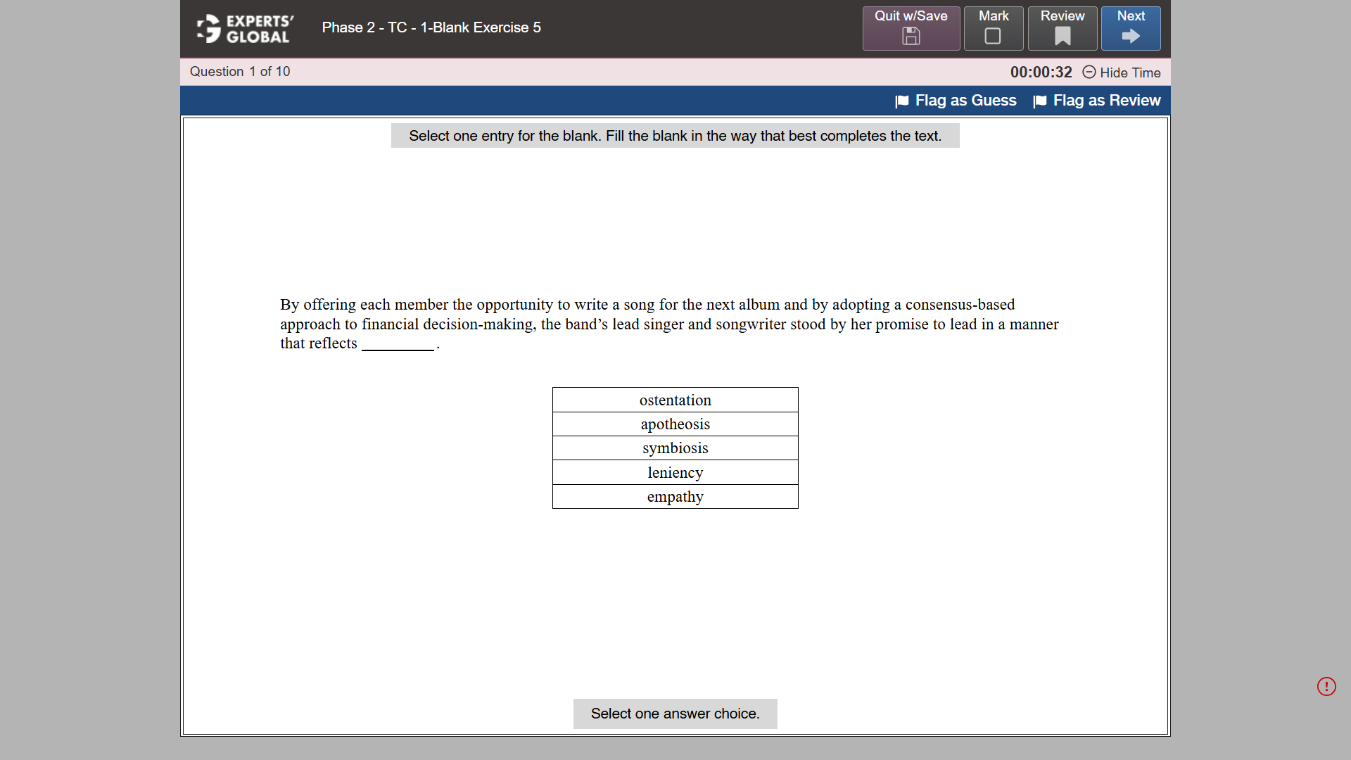 GRE-style Text Completion 1-Blank practice question 1