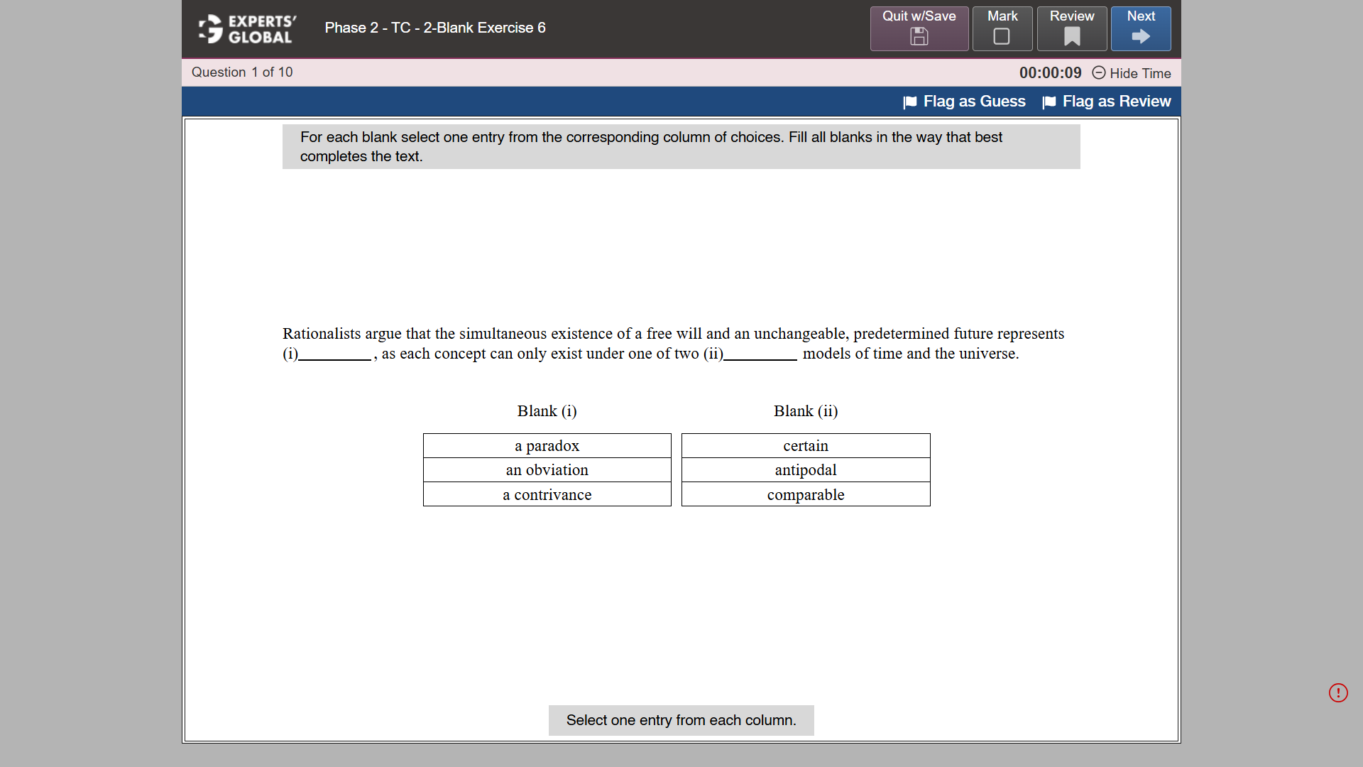 GRE-style Text Completion 2-blank practice question 1