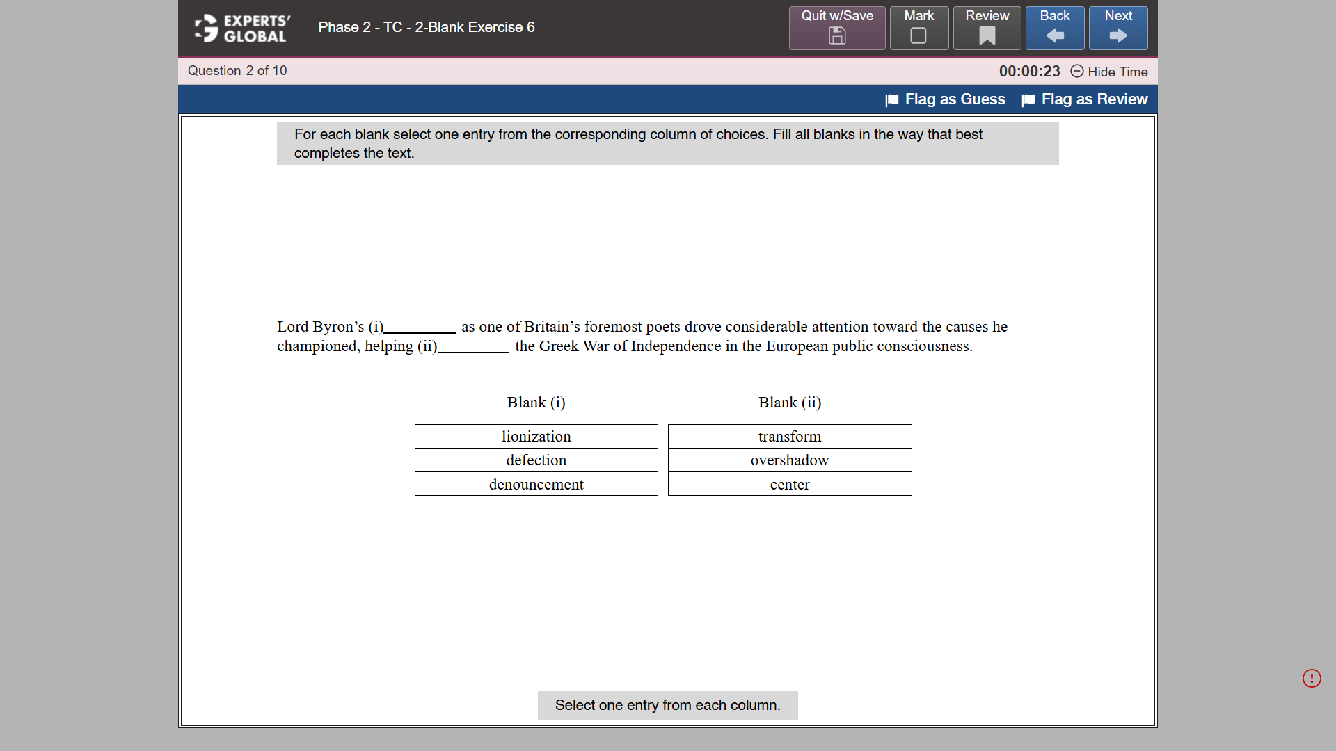 GRE-style Text Completion 2-blank practice question 2