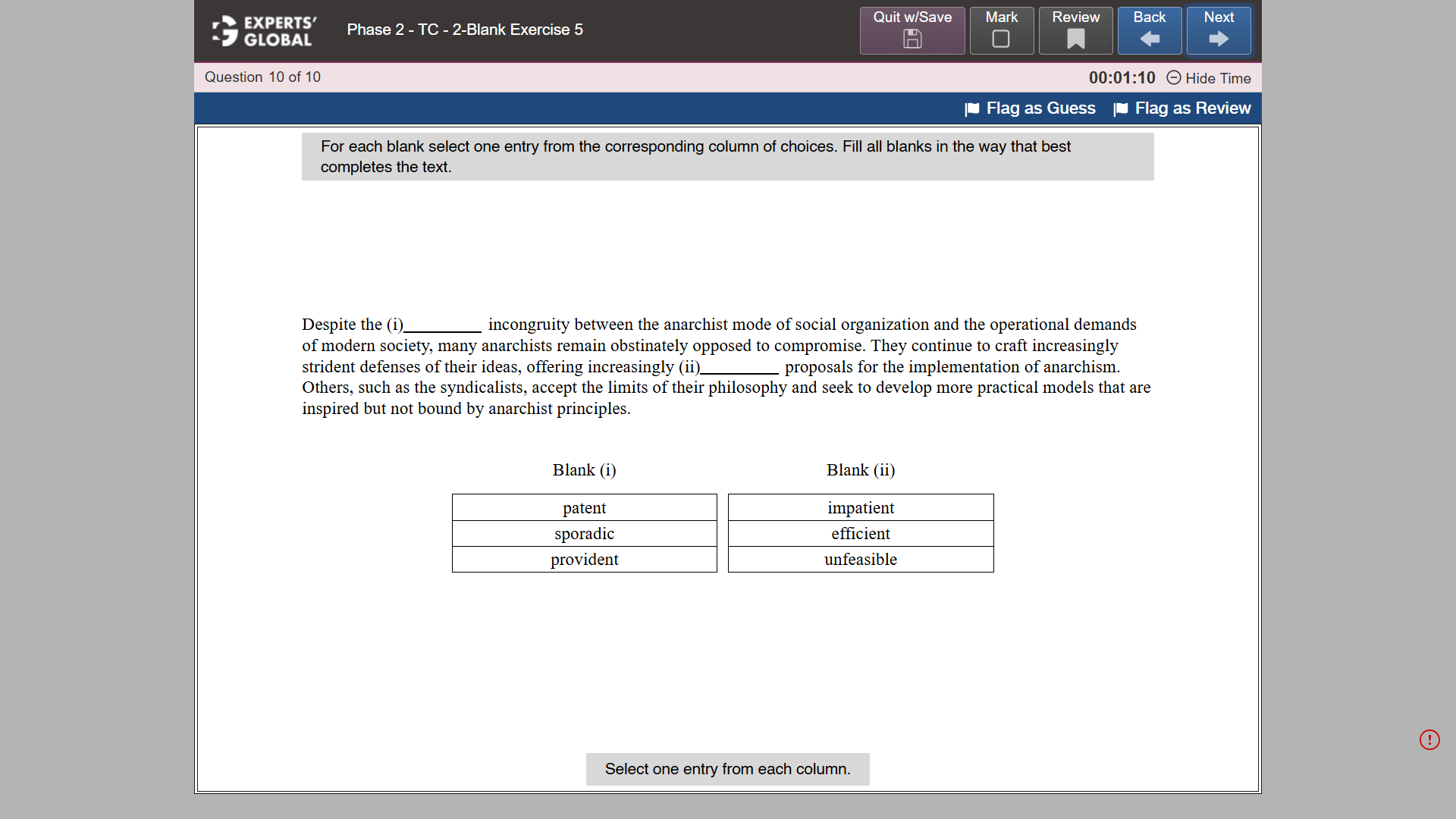 GRE-style Text Completion 2-blank practice question 3