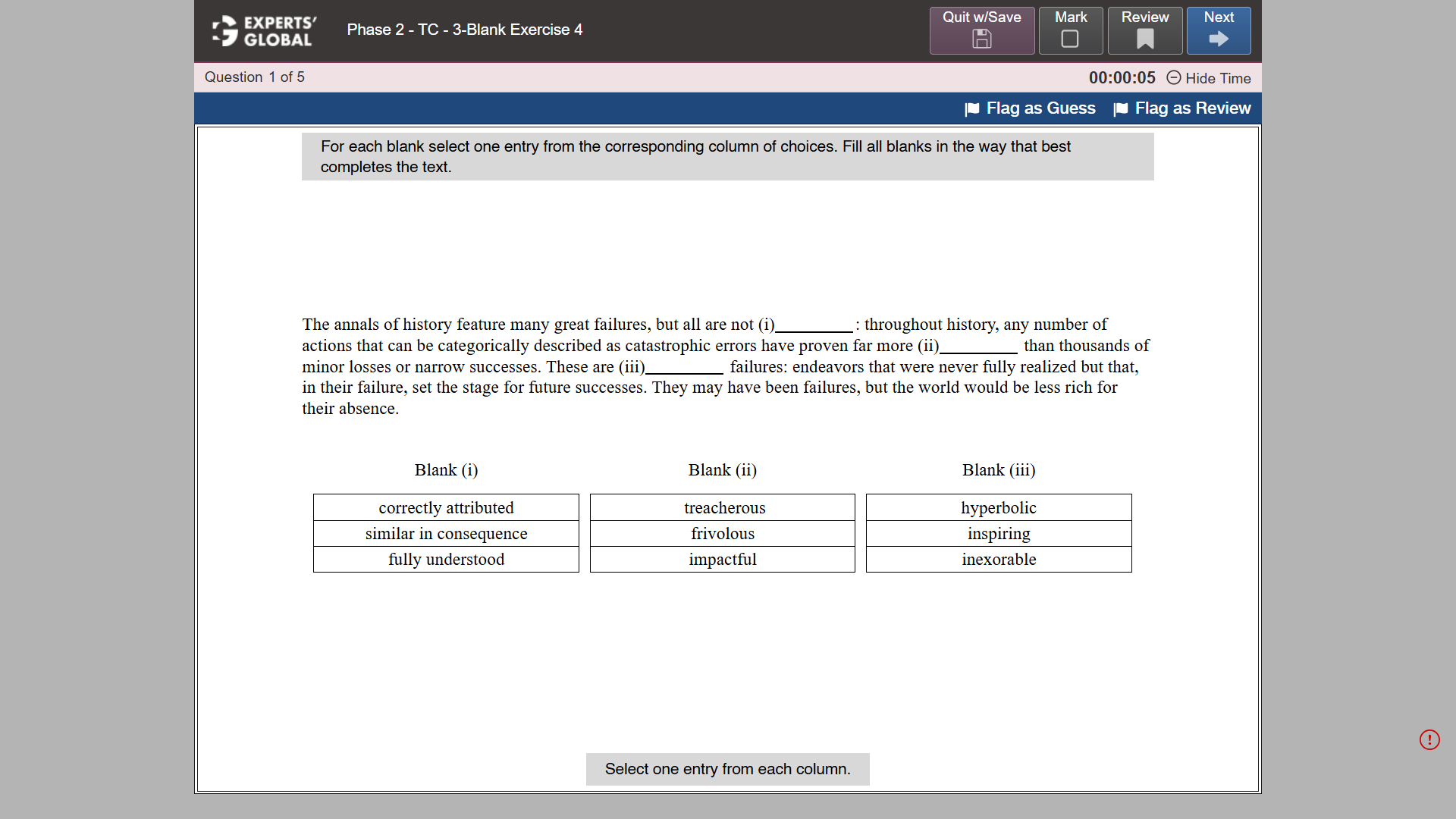GRE-style Text Completion 3-blank practice question 1