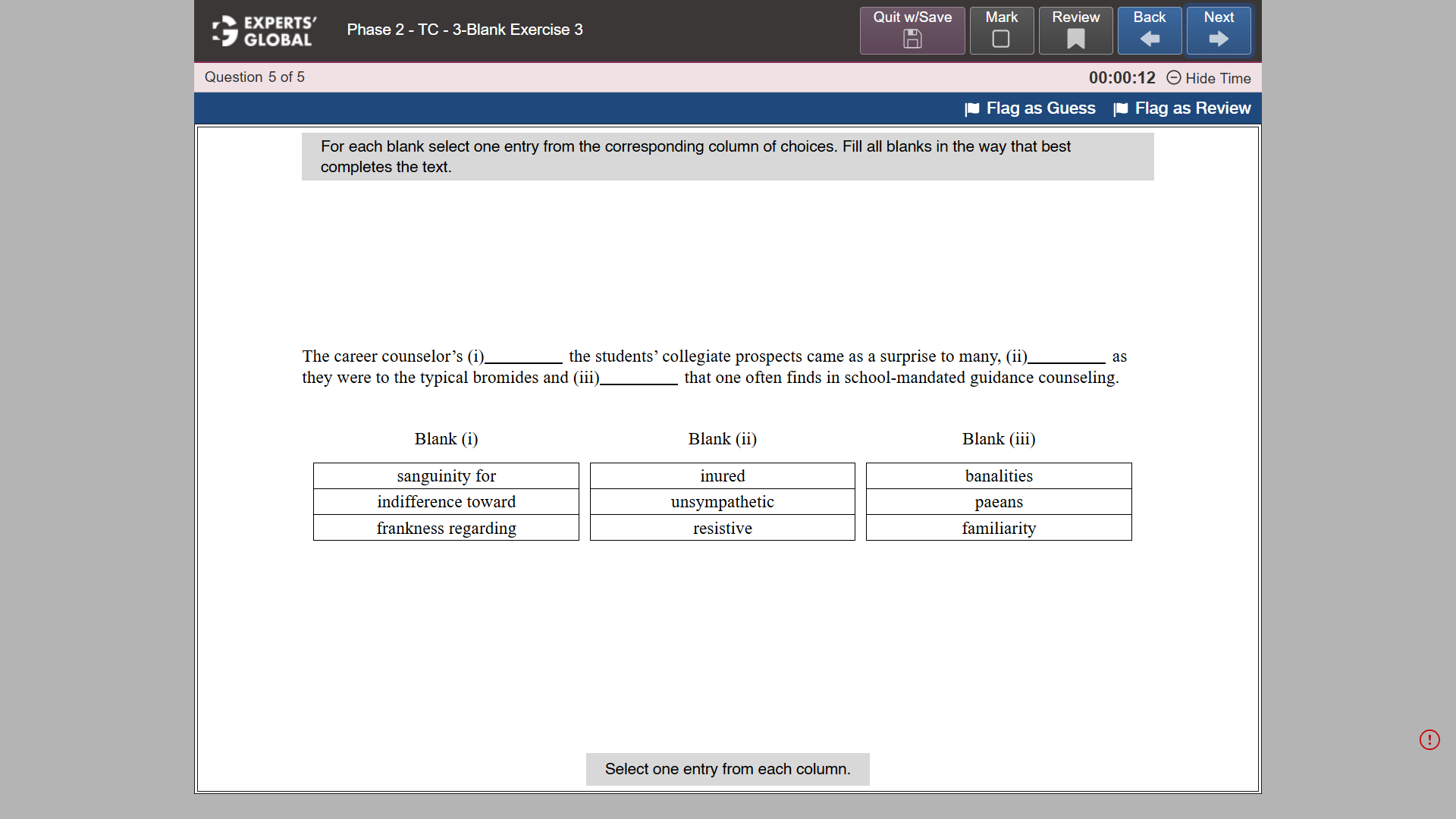 GRE-style Text Completion 3-blank practice question 3